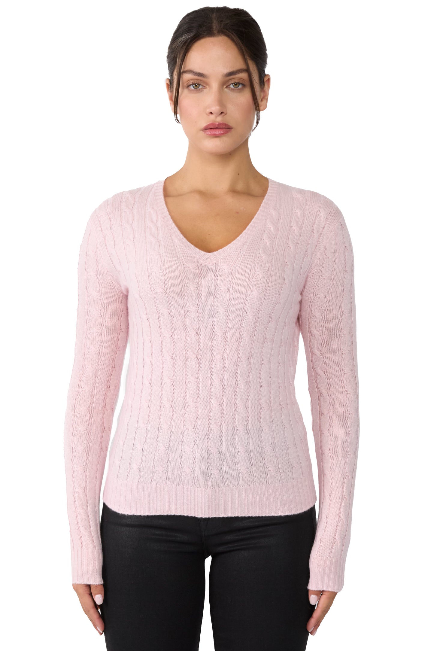 JENNIE LIU Women's 100% Cashmere Cable-knit Long Sleeve Pullover V Neck Sweater