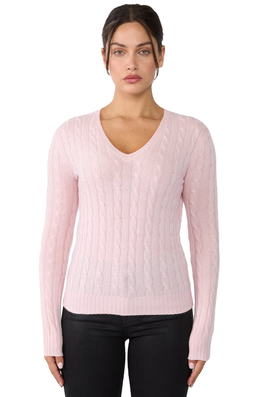 JENNIE LIU Women's 100% Cashmere Cable-knit Long Sleeve Pullover V Neck Sweater