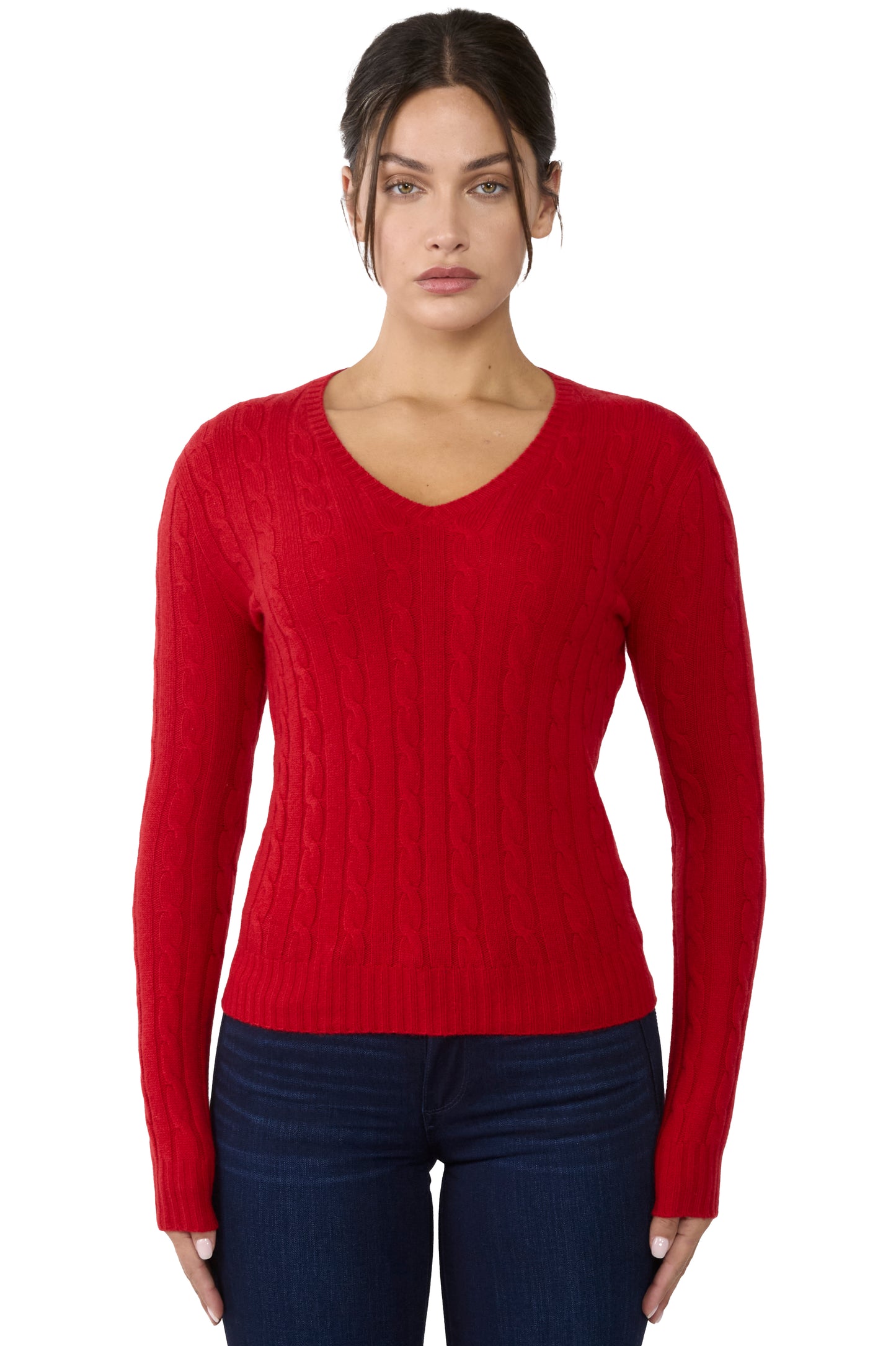 JENNIE LIU Women's 100% Cashmere Cable-knit Long Sleeve Pullover V Neck Sweater