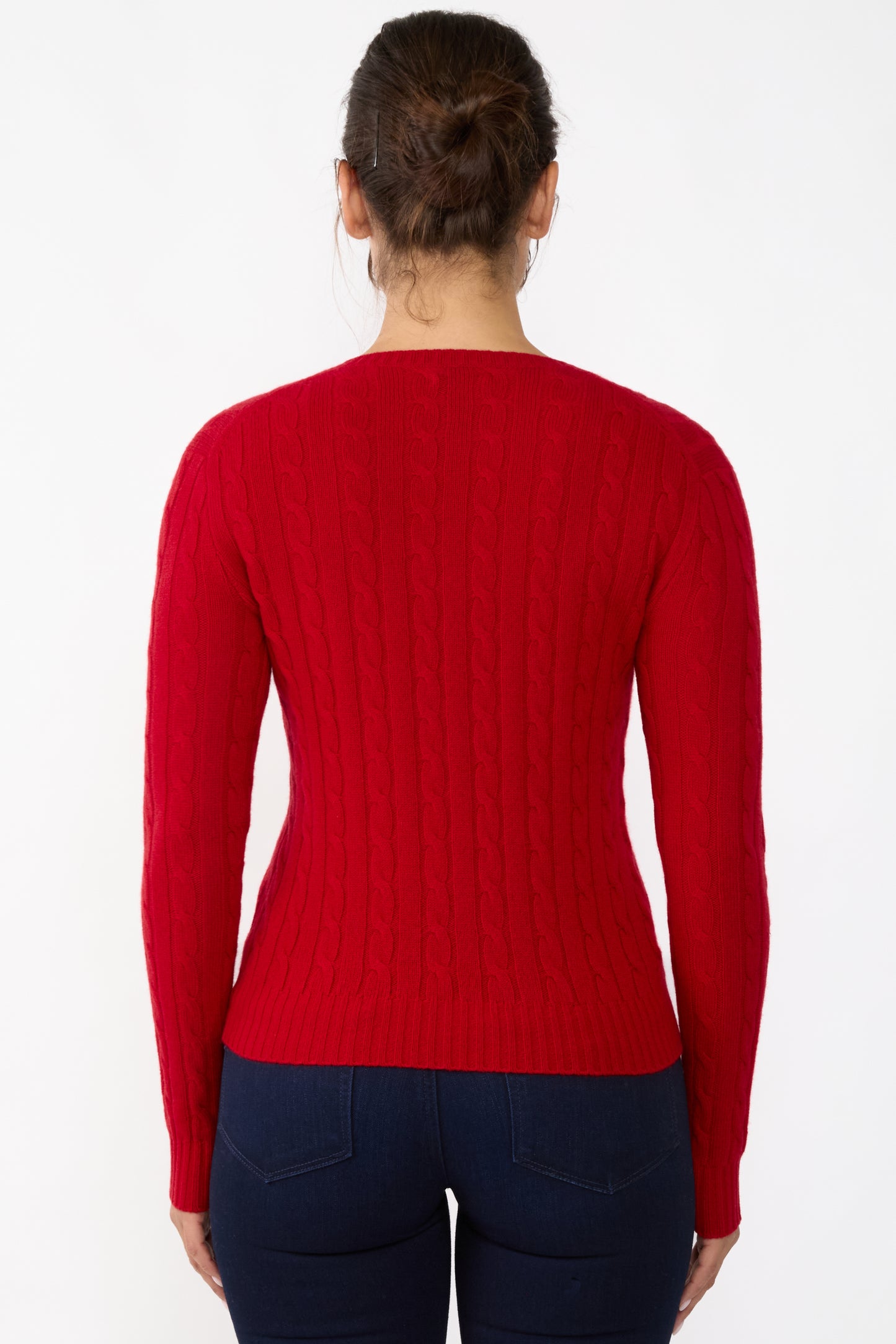 JENNIE LIU Women's 100% Cashmere Cable-knit Long Sleeve Pullover V Neck Sweater