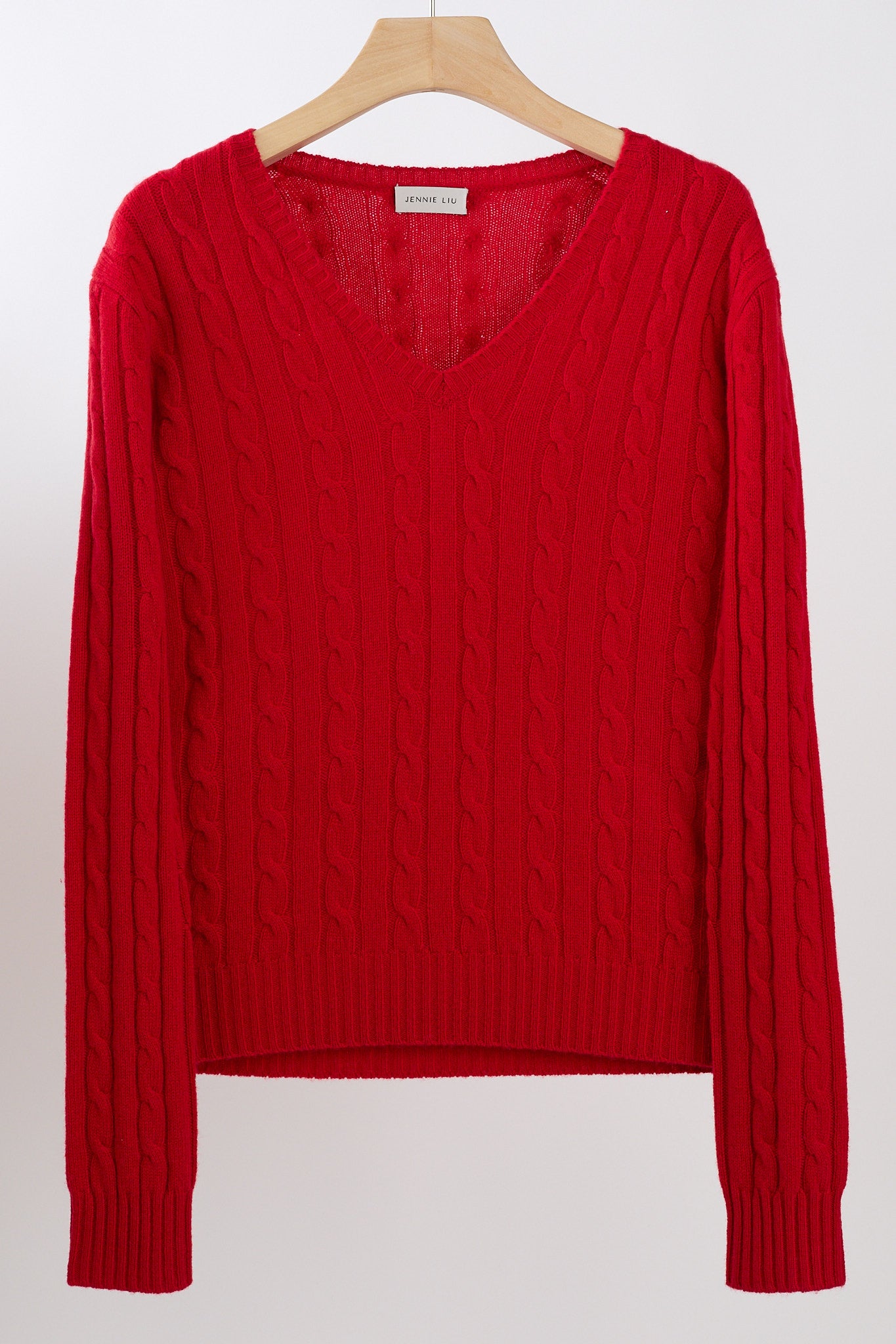 JENNIE LIU Women's 100% Cashmere Cable-knit Long Sleeve Pullover V Neck Sweater