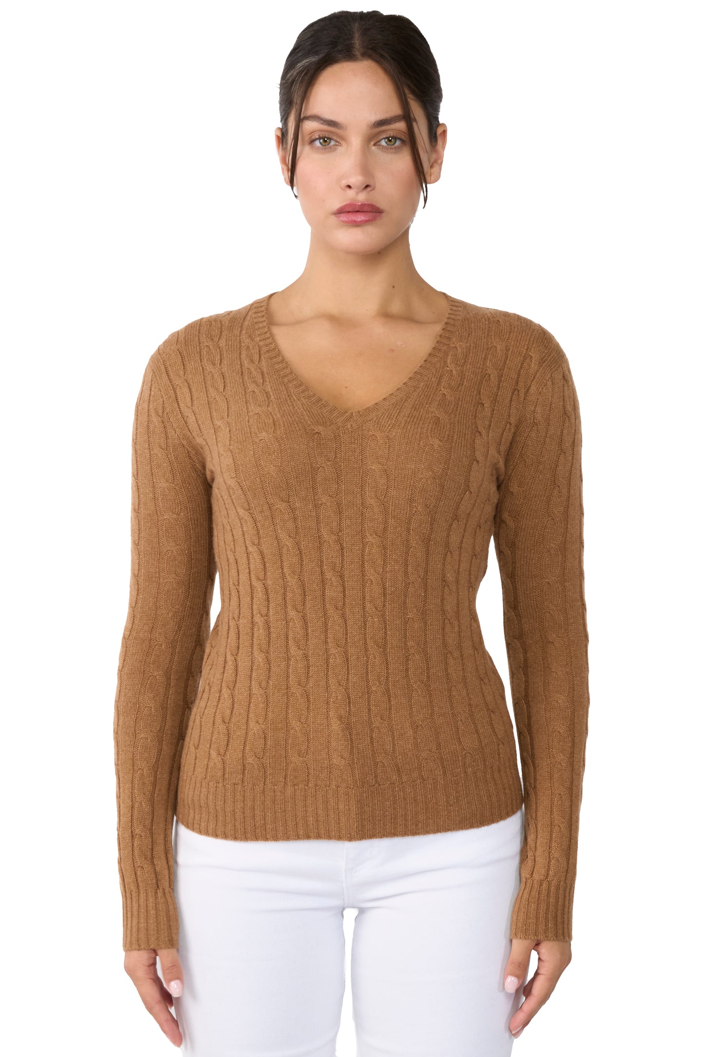 JENNIE LIU Women's 100% Cashmere Cable-knit Long Sleeve Pullover V Neck Sweater