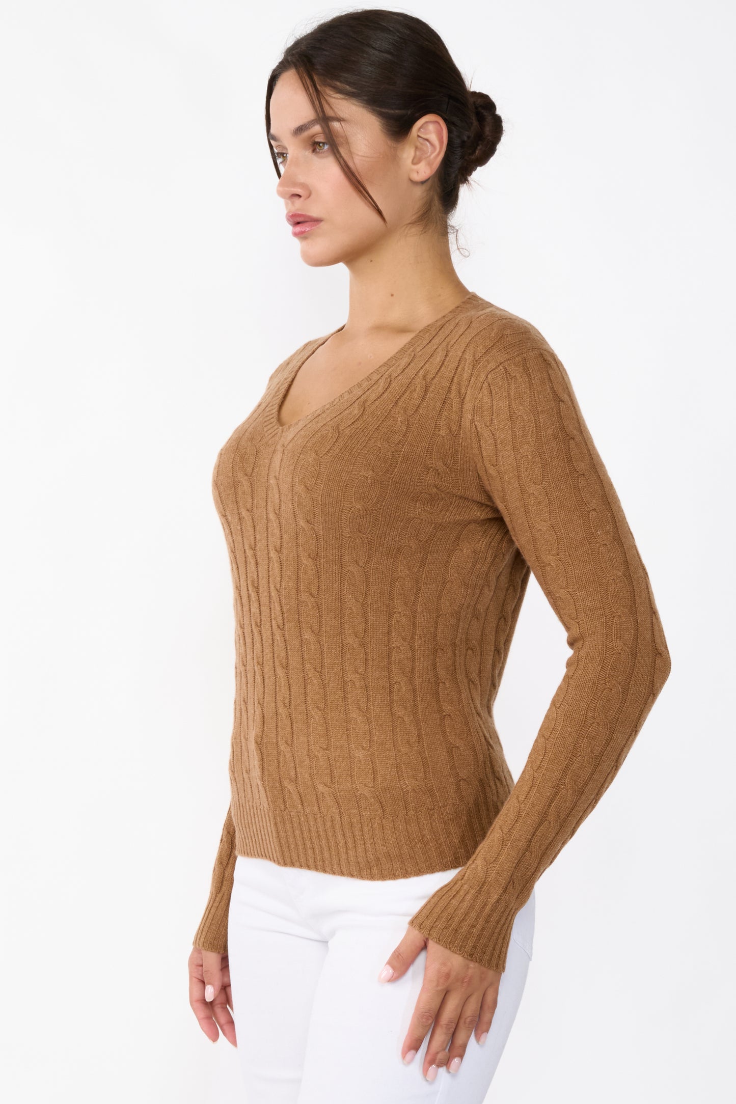 JENNIE LIU Women's 100% Cashmere Cable-knit Long Sleeve Pullover V Neck Sweater