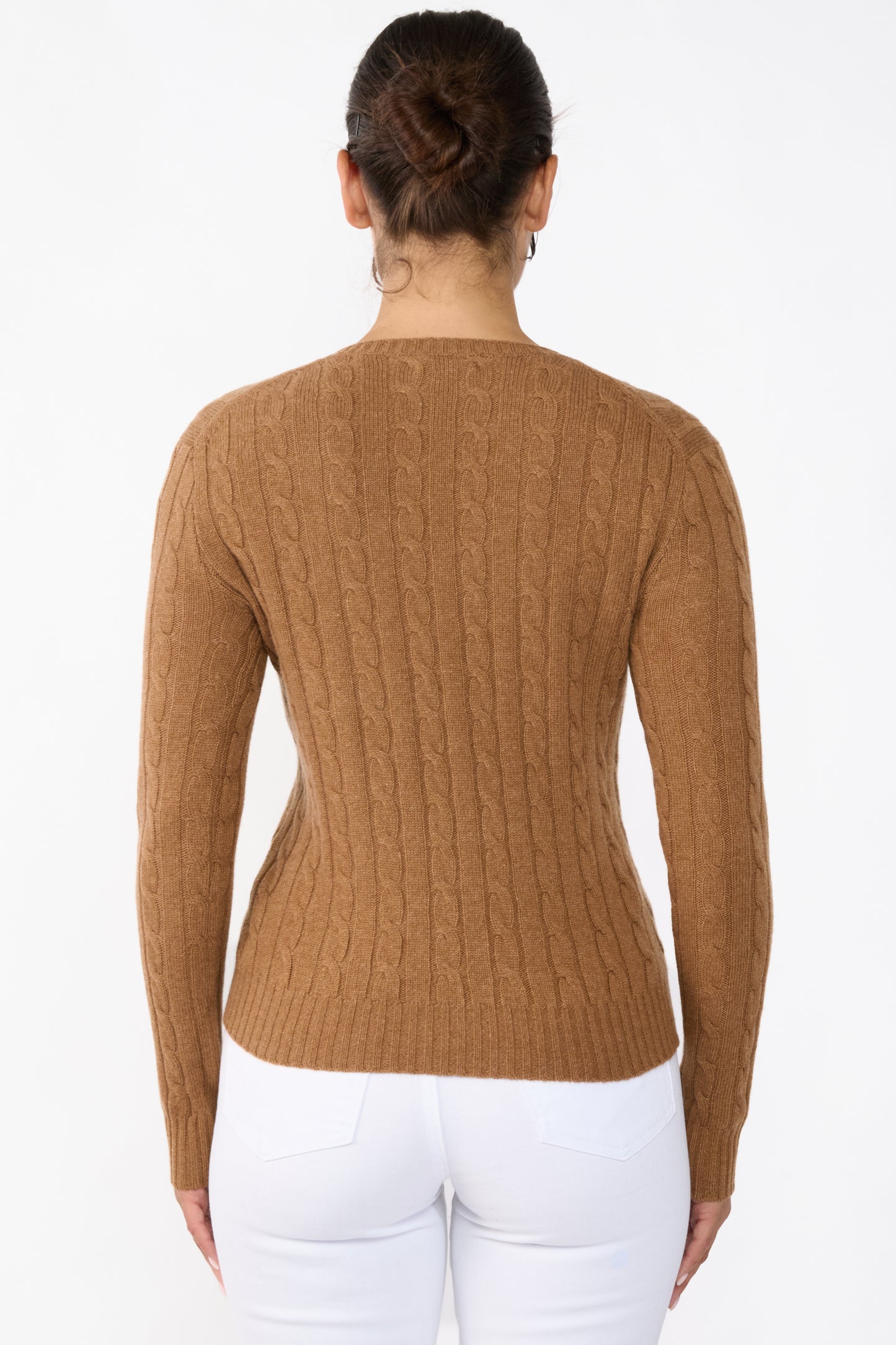 JENNIE LIU Women's 100% Cashmere Cable-knit Long Sleeve Pullover V Neck Sweater