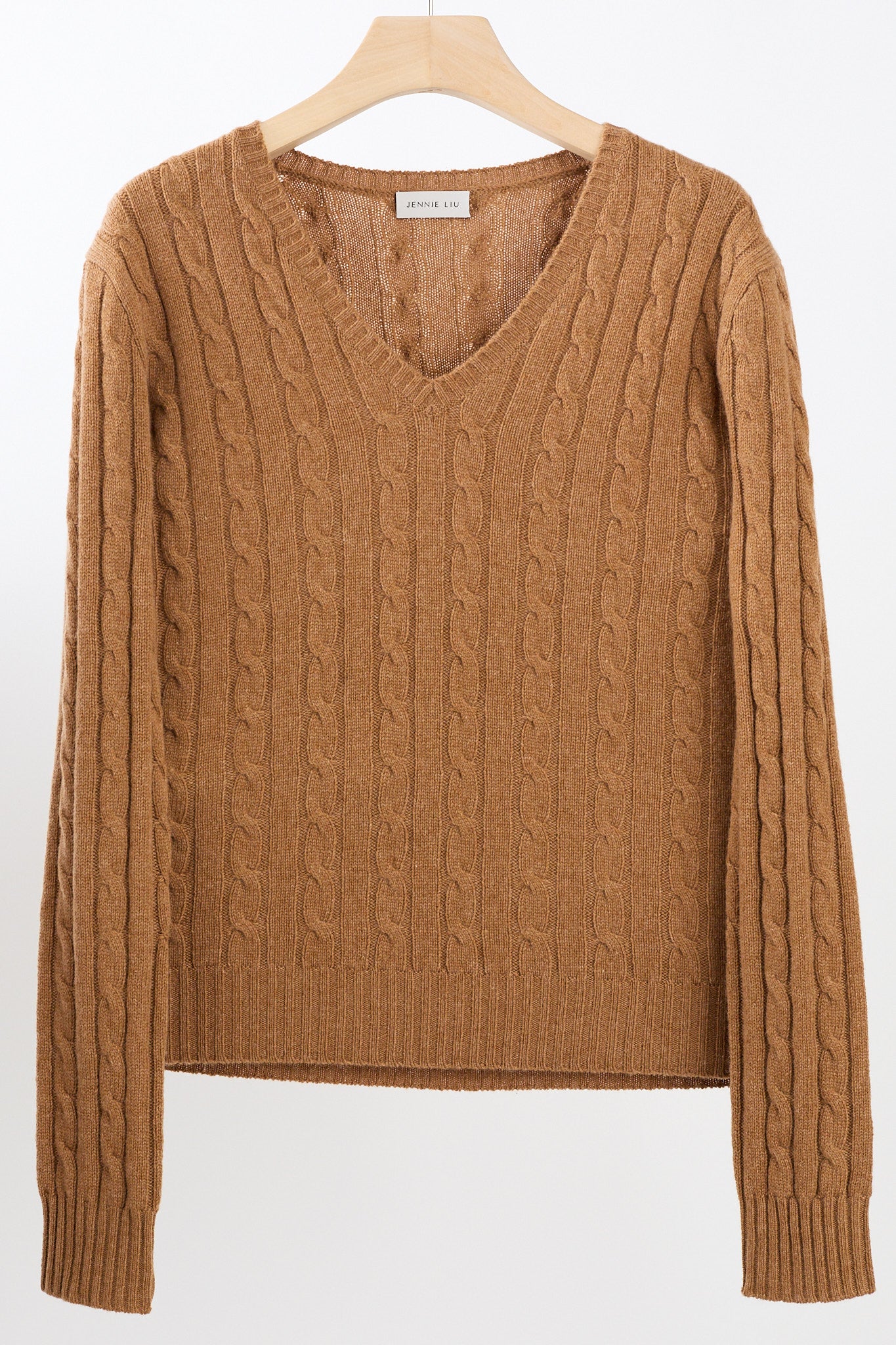 JENNIE LIU Women's 100% Cashmere Cable-knit Long Sleeve Pullover V Neck Sweater