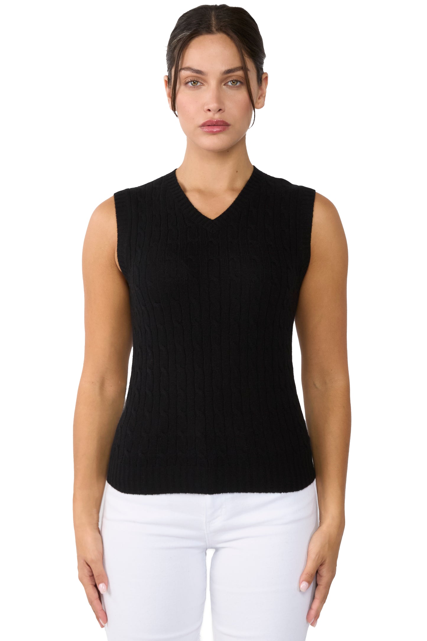 JENNIE LIU Womens 100% Cashmere V Neck Cable-knit Sweater Vest