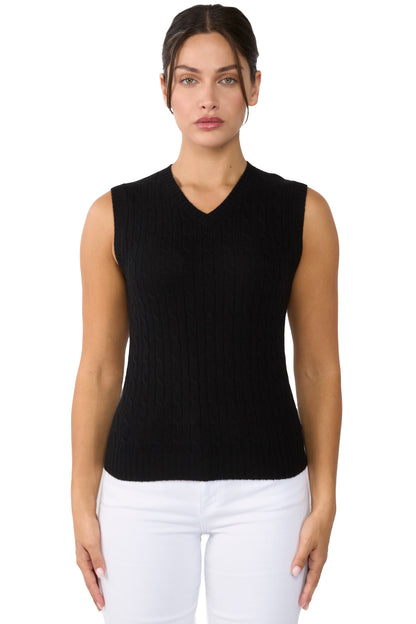 Women's Cashmere Cable V-Neck Sweater Vest in Black, front view by JENNIE LIU