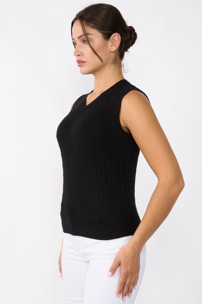 Women's Cashmere Cable V-Neck Sweater Vest in Black by JENNIE LIU