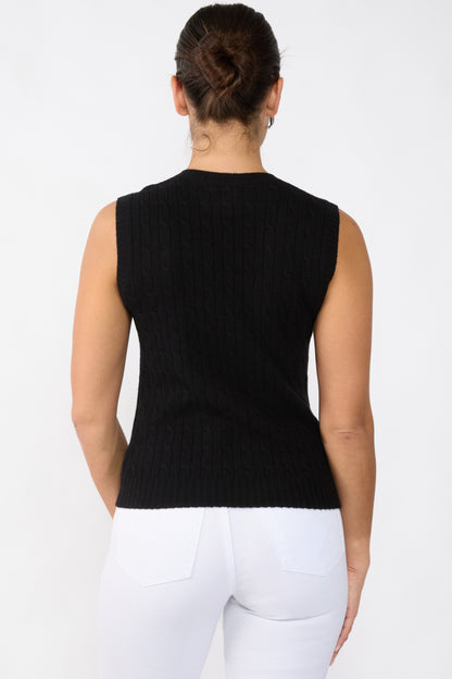 Women's Cashmere Cable V-Neck Sweater Vest in Black by JENNIE LIU
