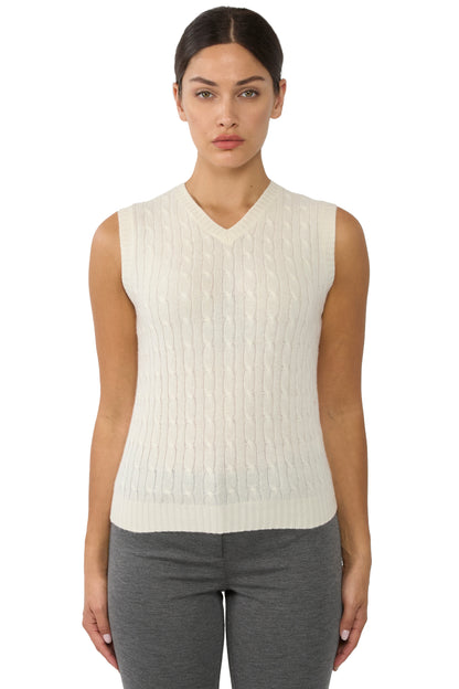 Women's Cashmere Cable V-Neck Sweater Vest in Cream, front view by JENNIE LIU