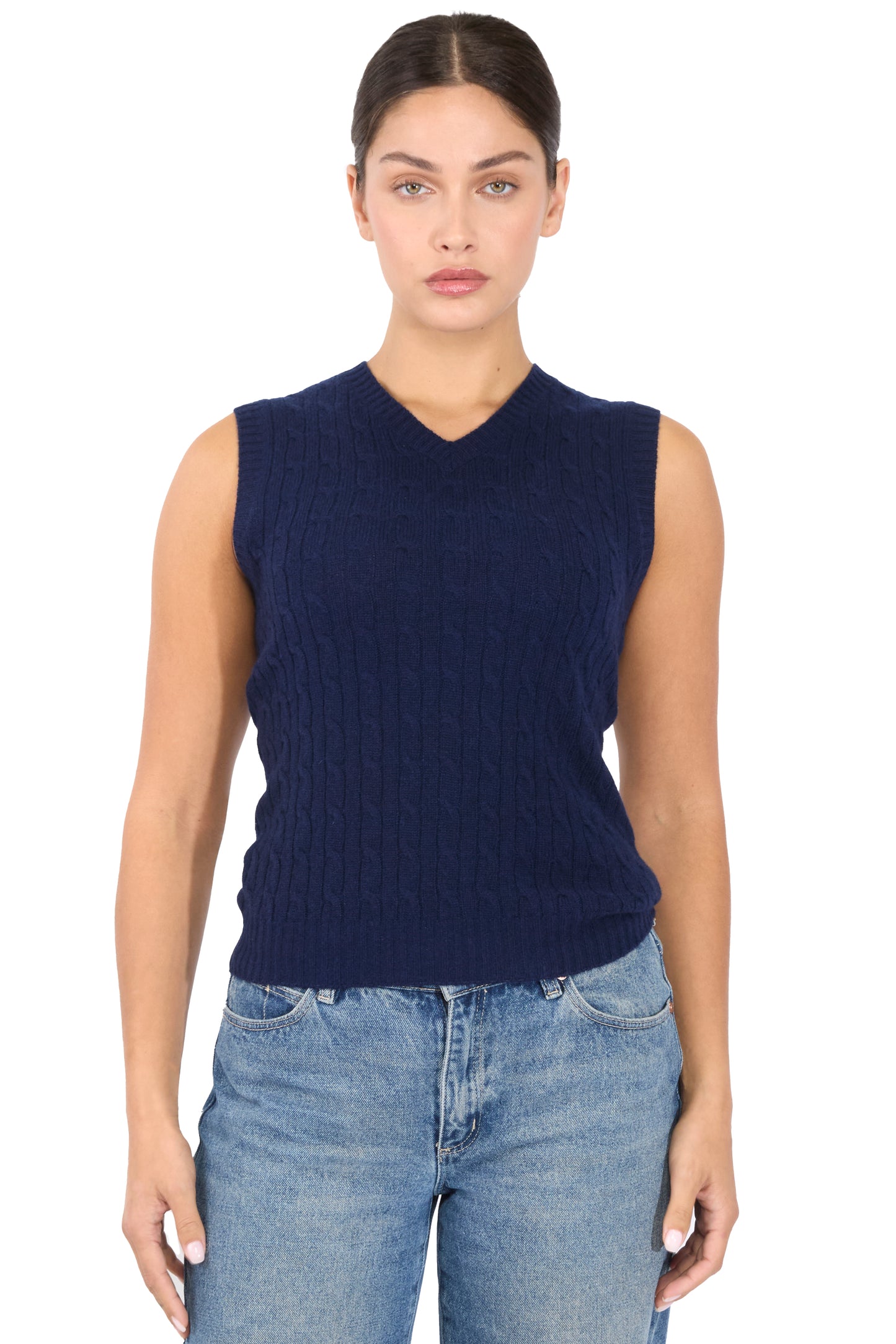 JENNIE LIU Womens 100% Cashmere V Neck Cable-knit Sweater Vest