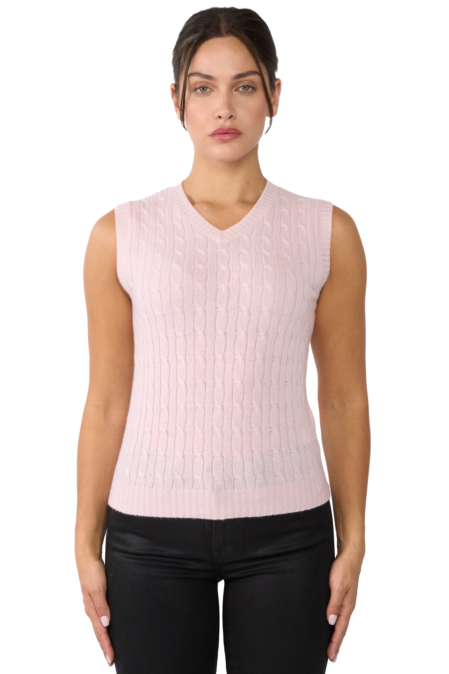 JENNIE LIU Womens 100% Cashmere V Neck Cable-knit Sweater Vest