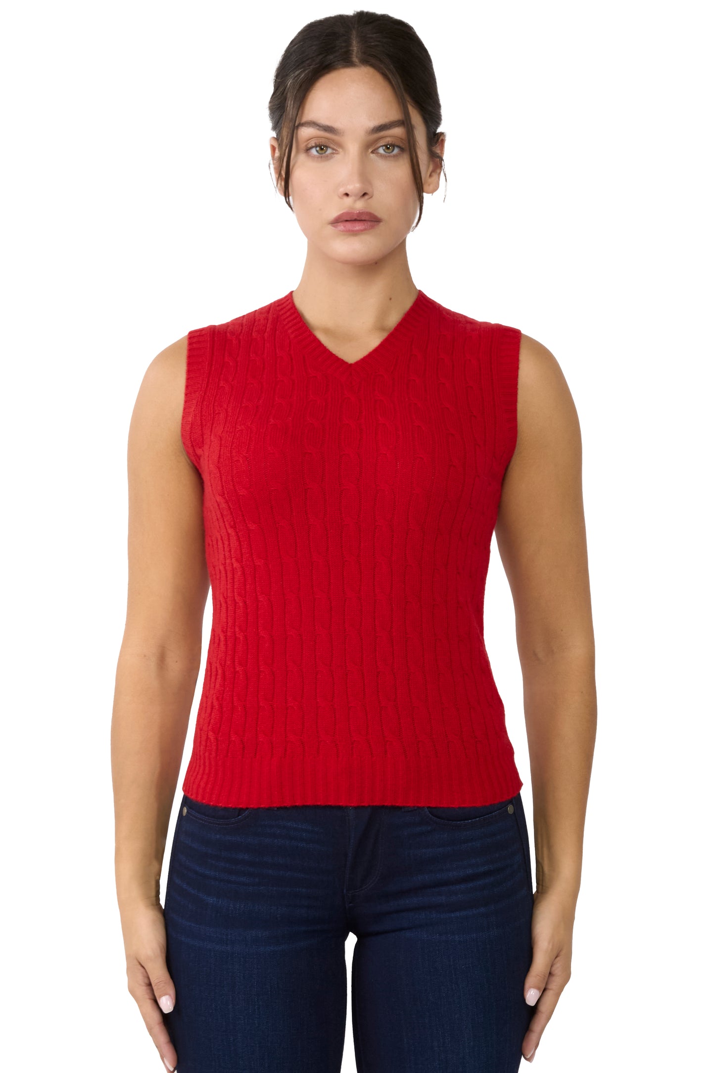 JENNIE LIU Womens 100% Cashmere V Neck Cable-knit Sweater Vest