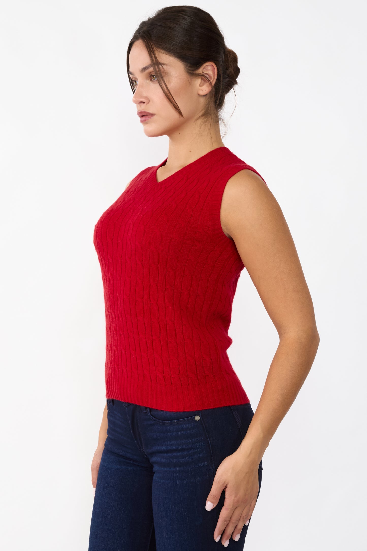 JENNIE LIU Womens 100% Cashmere V Neck Cable-knit Sweater Vest