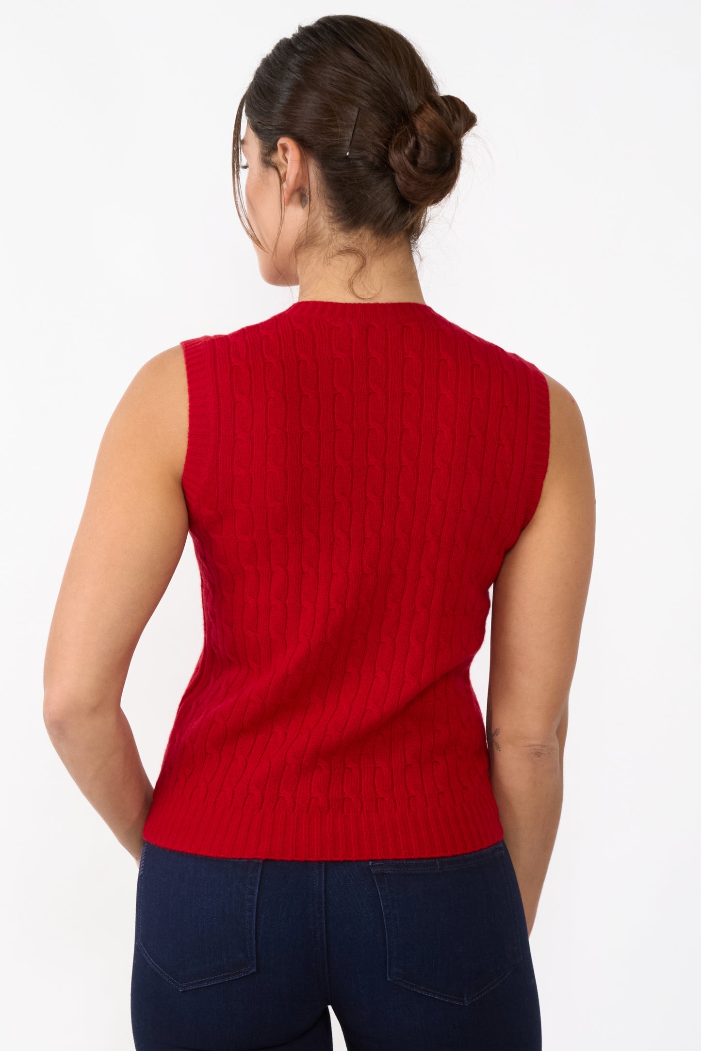 JENNIE LIU Womens 100% Cashmere V Neck Cable-knit Sweater Vest