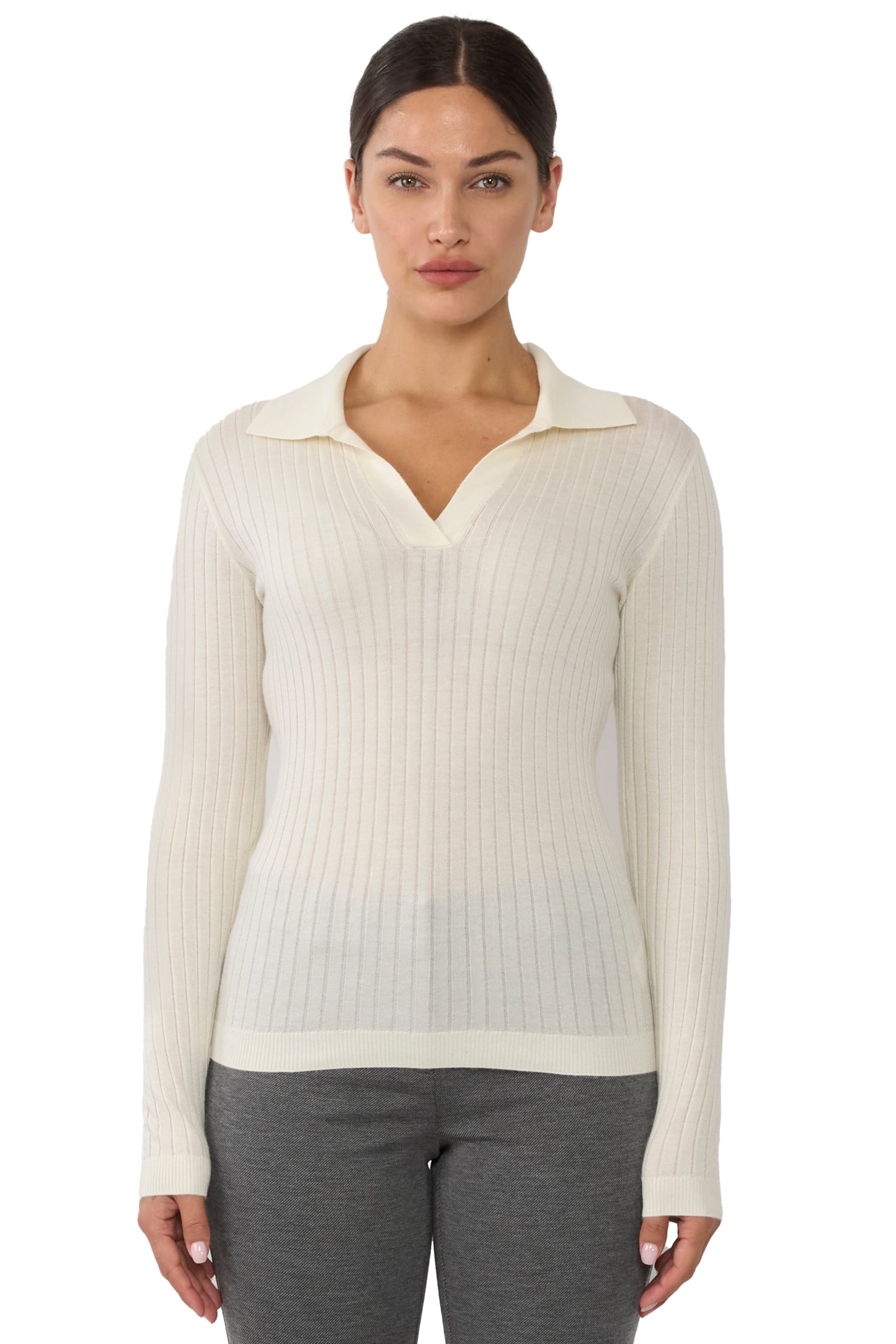 JENNIE LIU Tissue Weight Cashmere Silk Rib-knit Johnny Collar Polo Sweater