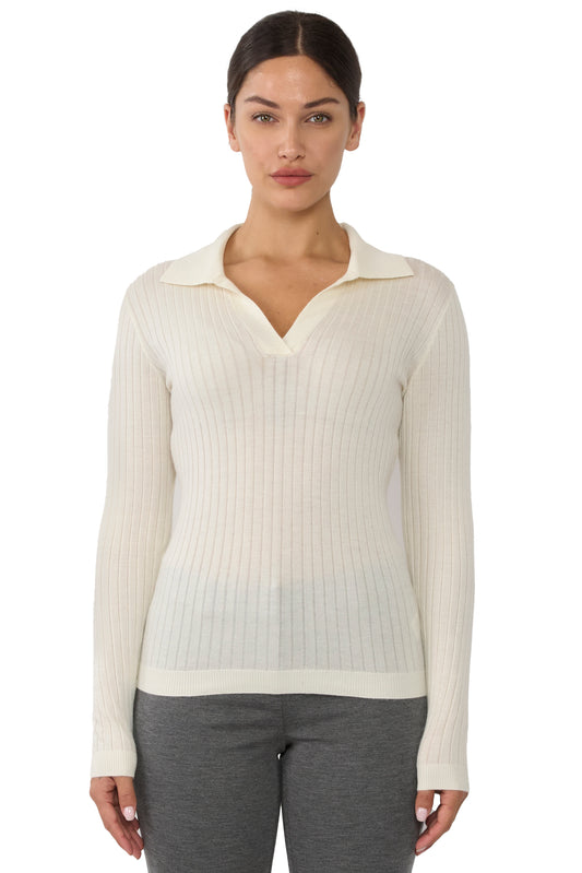 JENNIE LIU Tissue Weight Cashmere Silk Rib-knit Johnny Collar Polo Sweater