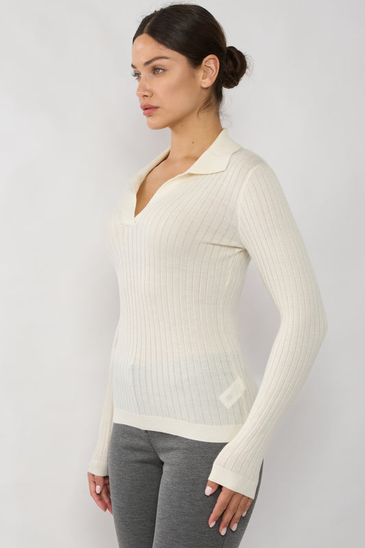 JENNIE LIU Tissue Weight Cashmere Silk Rib-knit Johnny Collar Polo Sweater