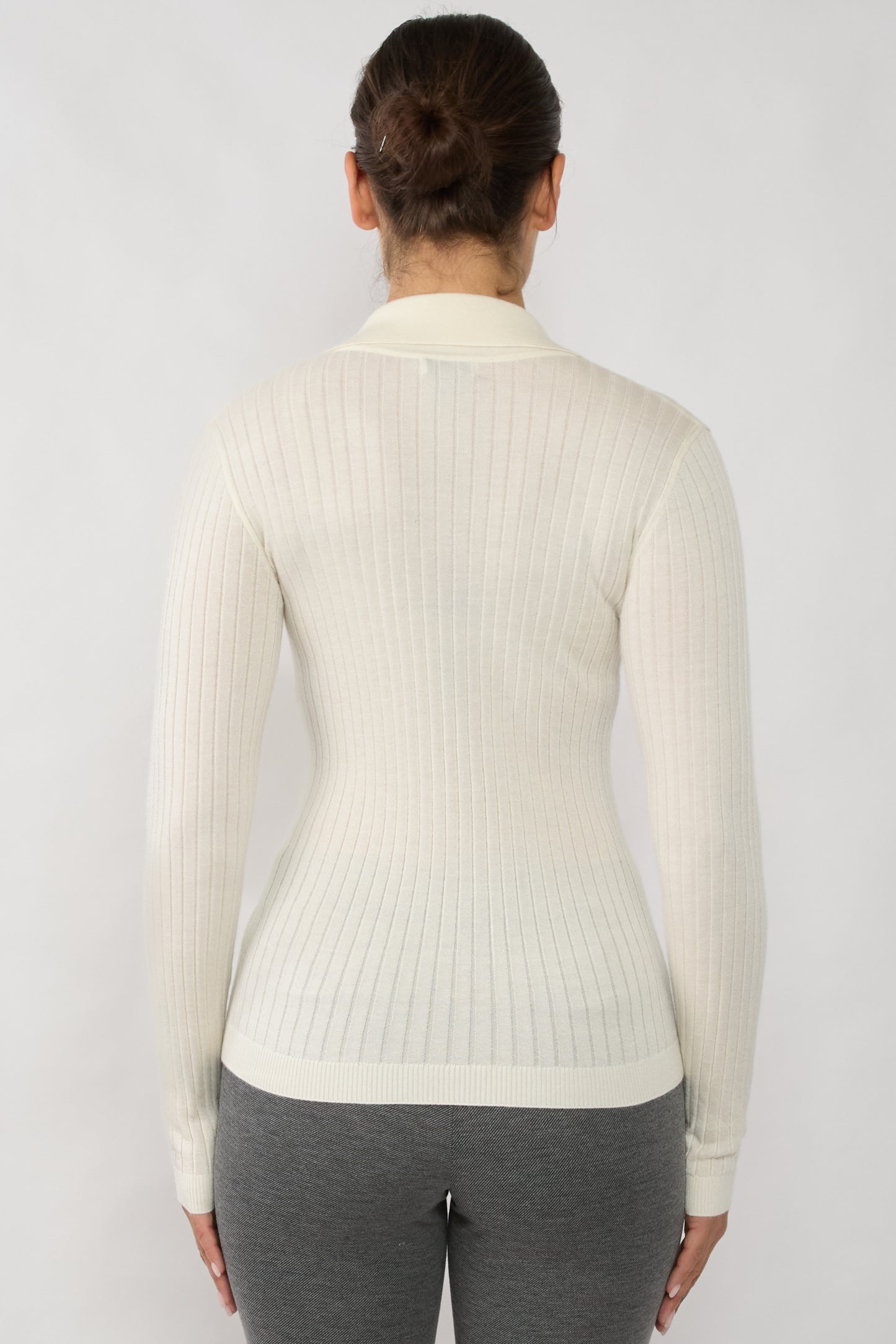 JENNIE LIU Tissue Weight Cashmere Silk Rib-knit Johnny Collar Polo Sweater