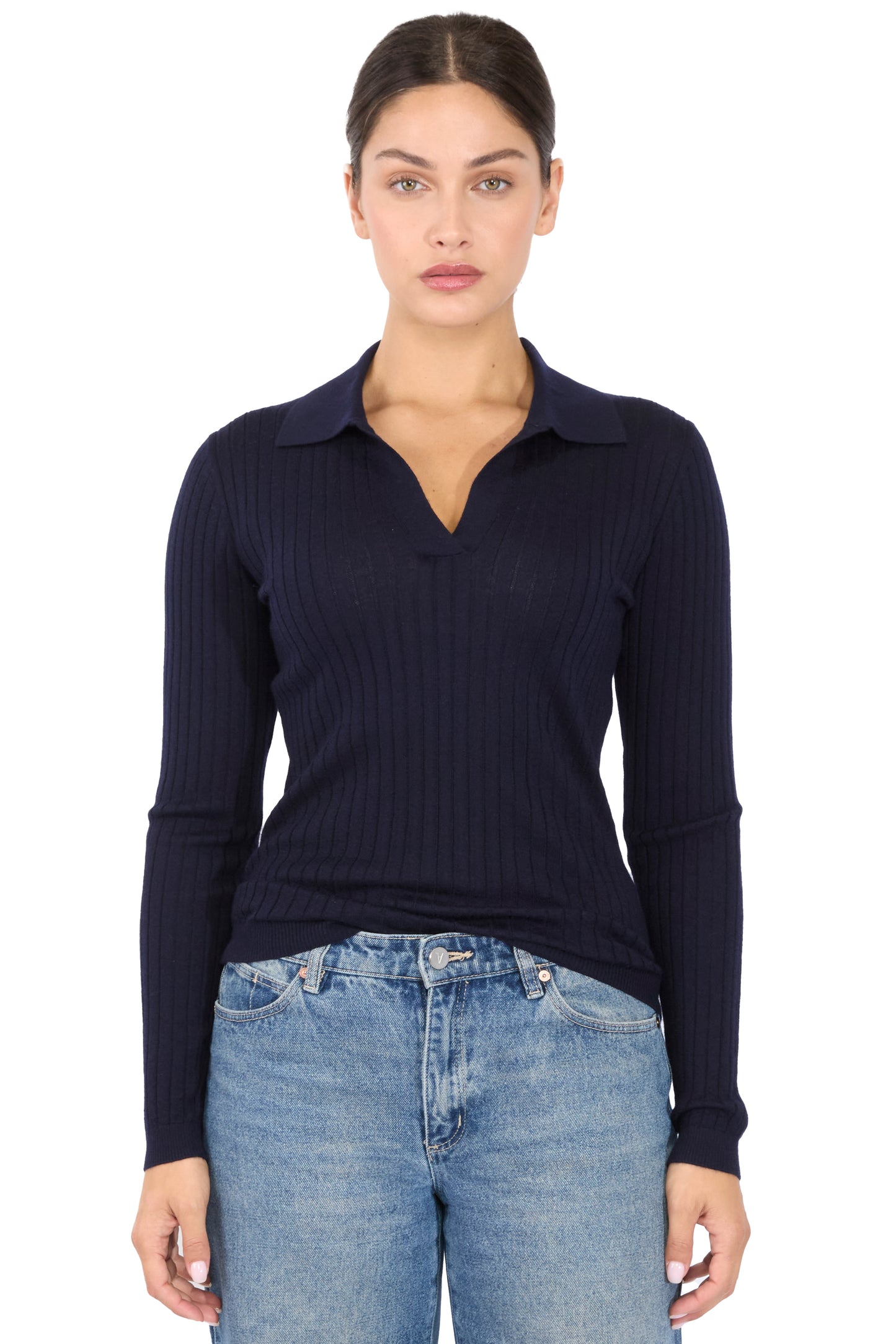 JENNIE LIU Tissue Weight Cashmere Silk Rib-knit Johnny Collar Polo Sweater