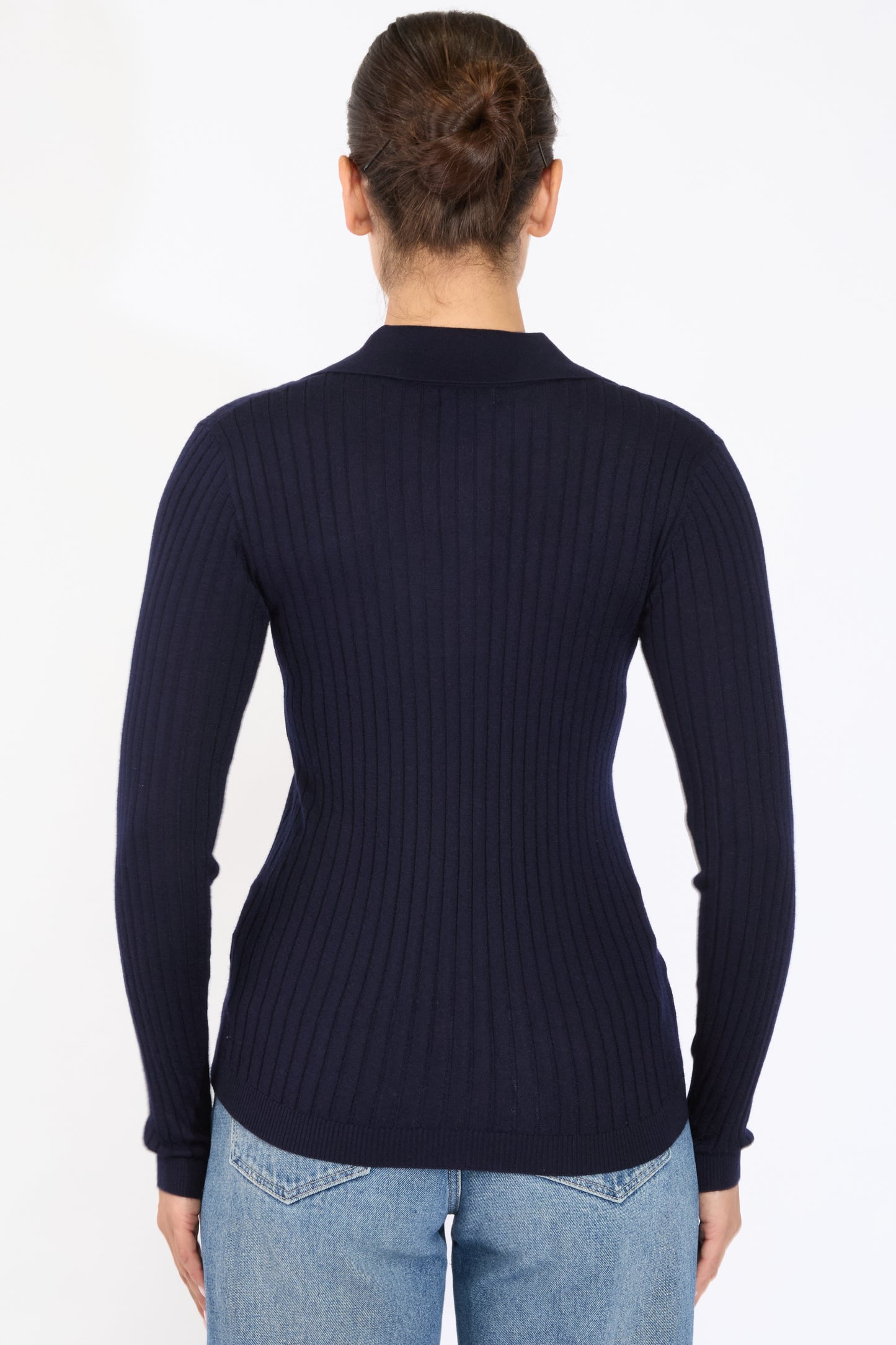 JENNIE LIU Tissue Weight Cashmere Silk Rib-knit Johnny Collar Polo Sweater
