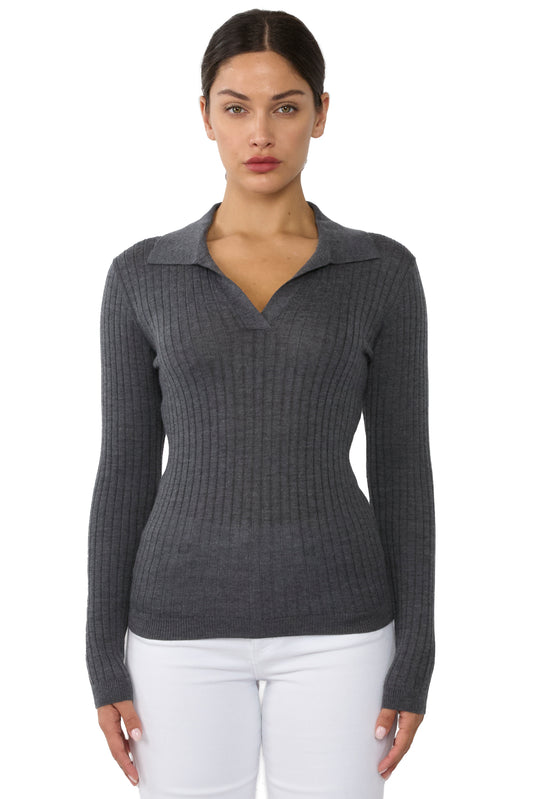 JENNIE LIU Tissue Weight Cashmere Silk Rib-knit Johnny Collar Polo Sweater