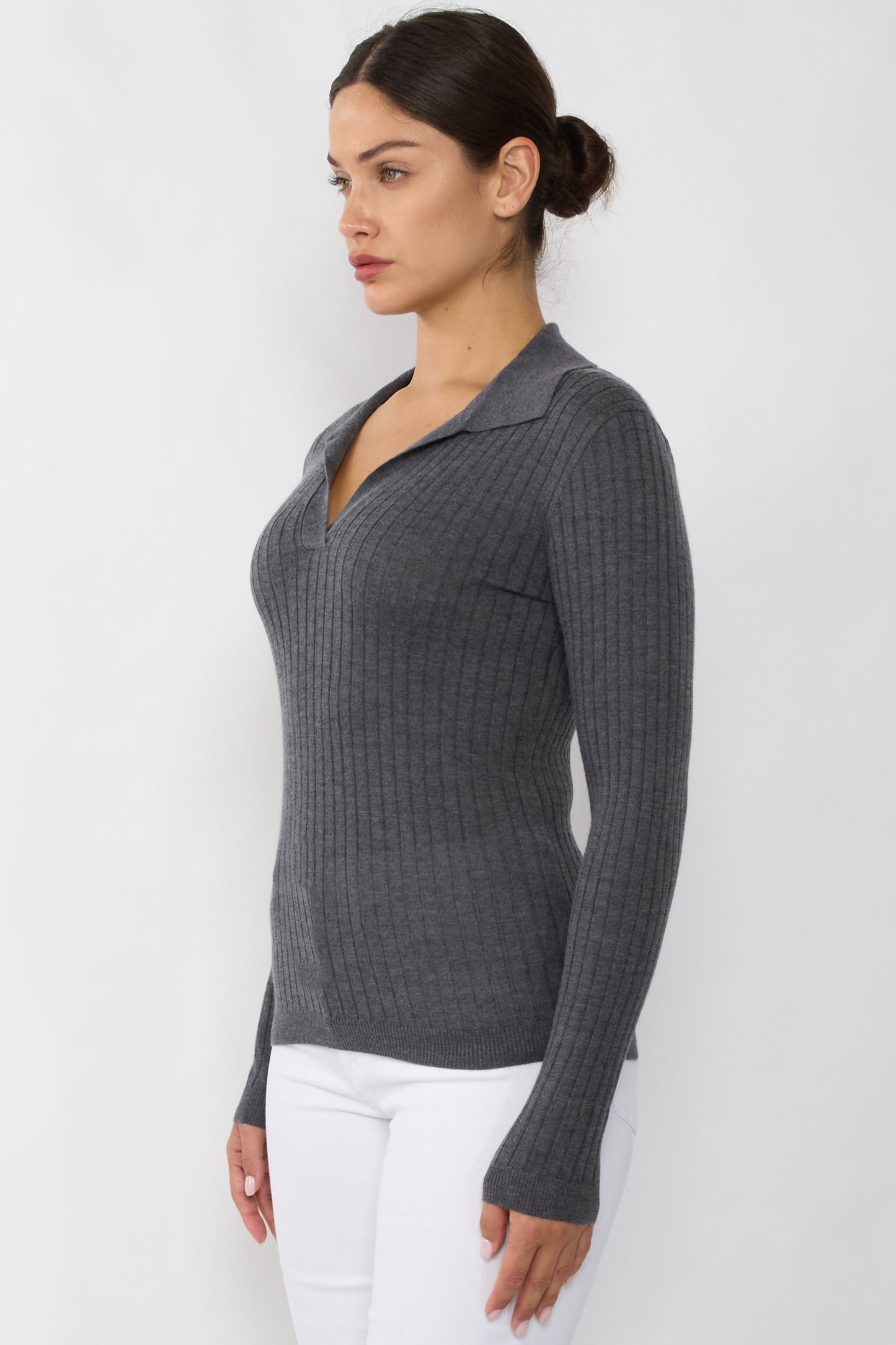 JENNIE LIU Tissue Weight Cashmere Silk Rib-knit Johnny Collar Polo Sweater