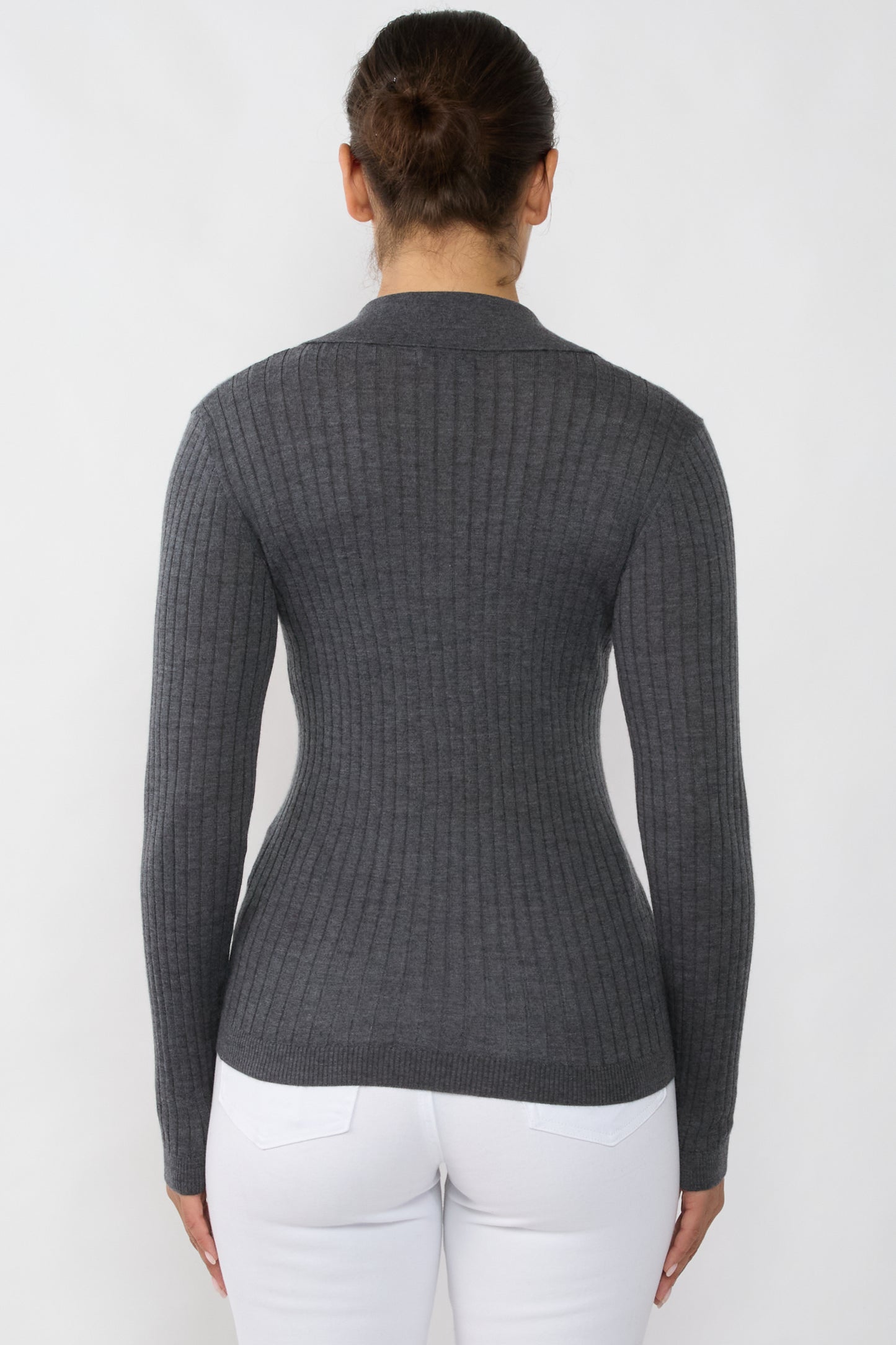 JENNIE LIU Tissue Weight Cashmere Silk Rib-knit Johnny Collar Polo Sweater
