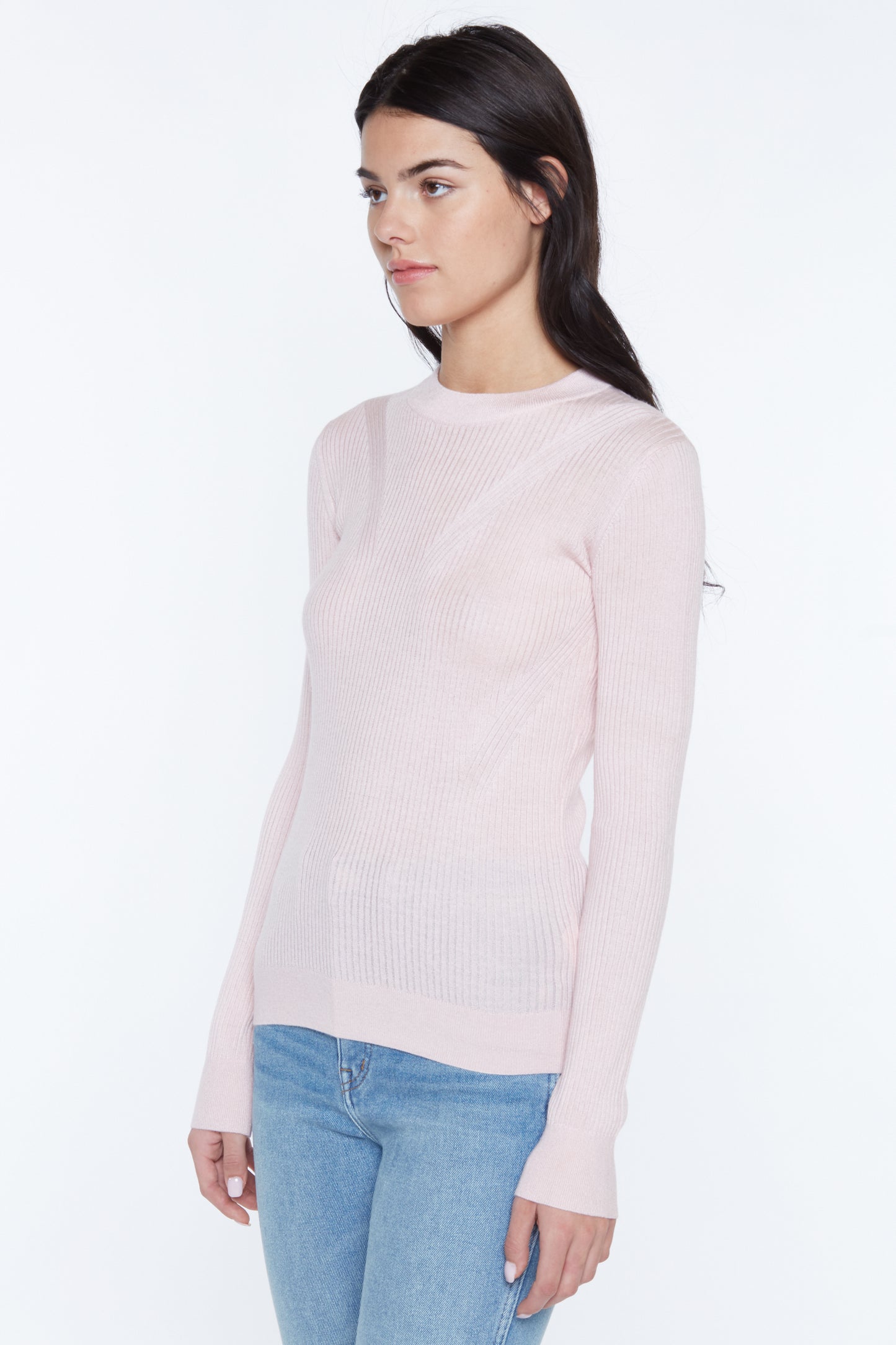 JENNIE LIU TISSUE WEIGHT 55% SILK 45% CASHMERE RIBBED LONG SLEEVE CREW NECK SWEATER