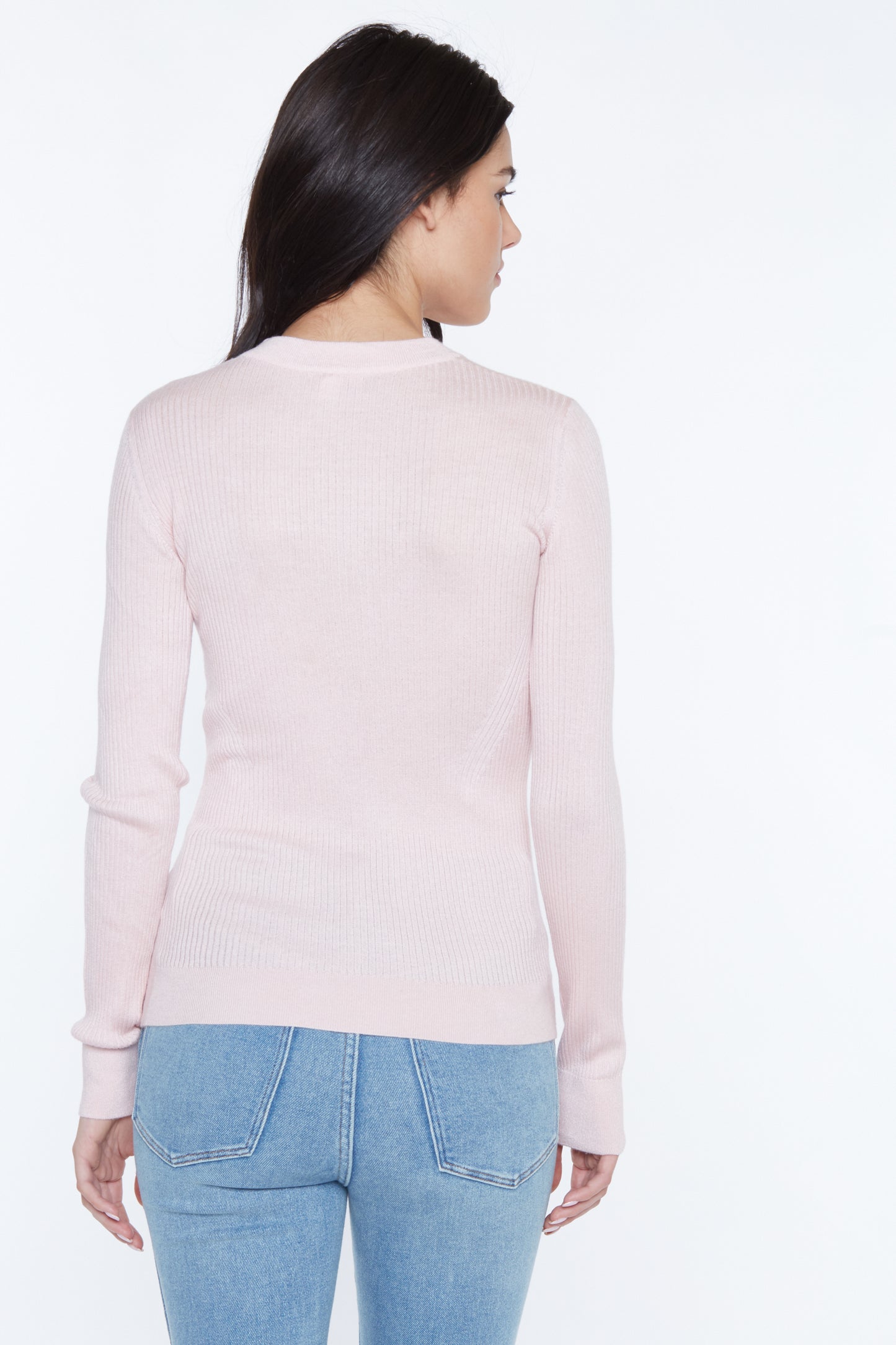 JENNIE LIU TISSUE WEIGHT 55% SILK 45% CASHMERE RIBBED LONG SLEEVE CREW NECK SWEATER