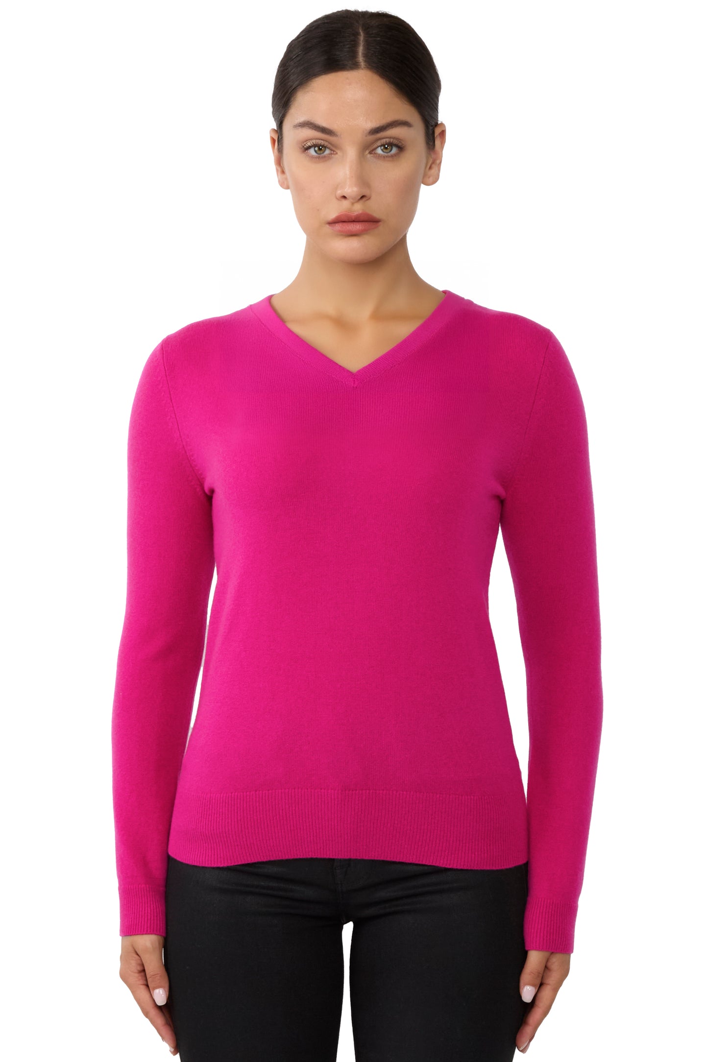 JENNIE LIU Women's 100% Pure Cashmere Long Sleeve Pullover V Neck Sweater