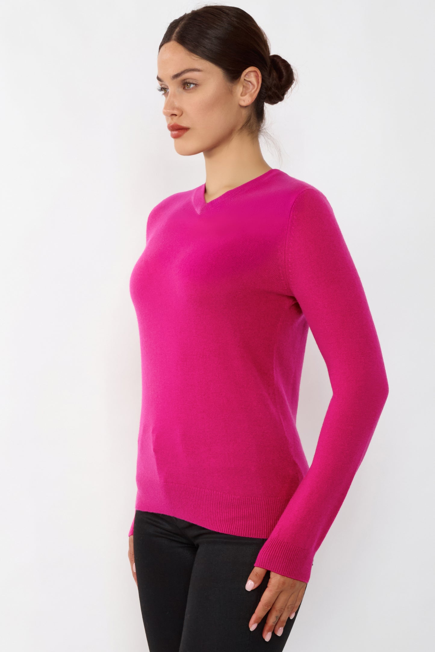 JENNIE LIU Women's 100% Pure Cashmere Long Sleeve Pullover V Neck Sweater