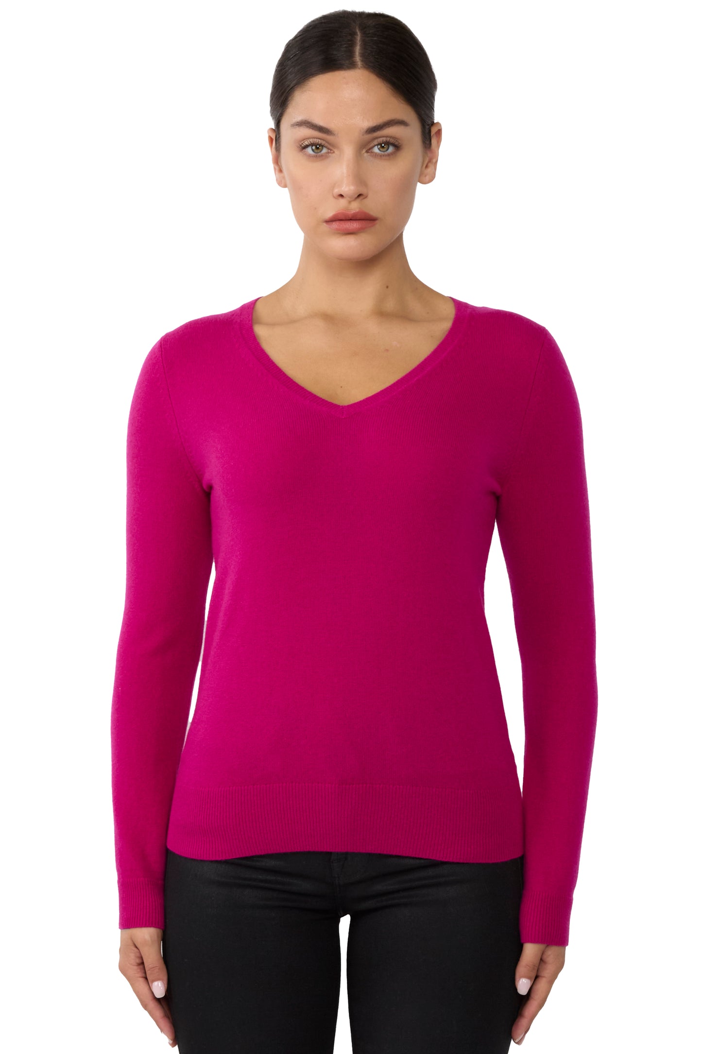 JENNIE LIU Women's 100% Pure Cashmere Long Sleeve Pullover V Neck Sweater