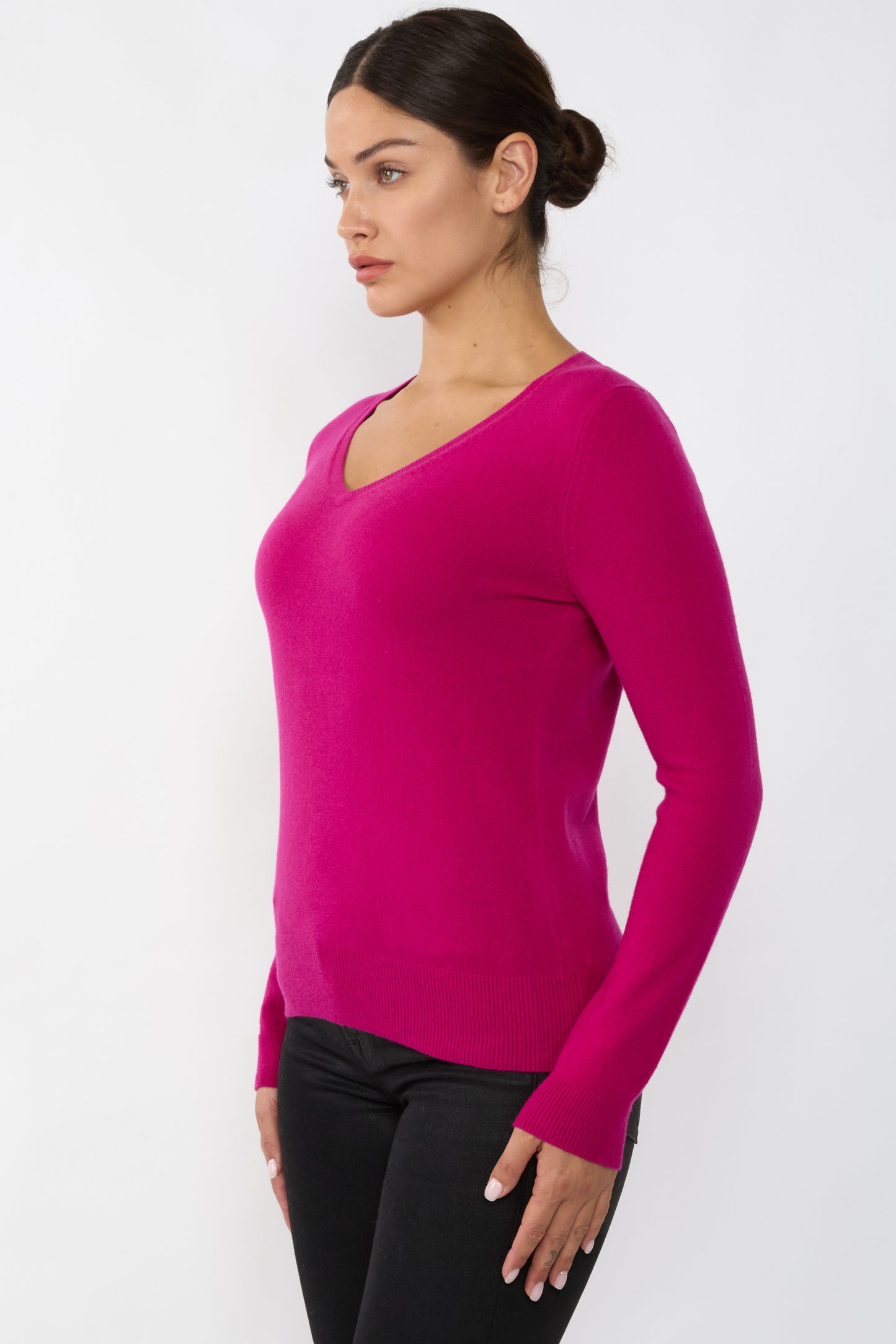 JENNIE LIU Women's 100% Pure Cashmere Long Sleeve Pullover V Neck Sweater