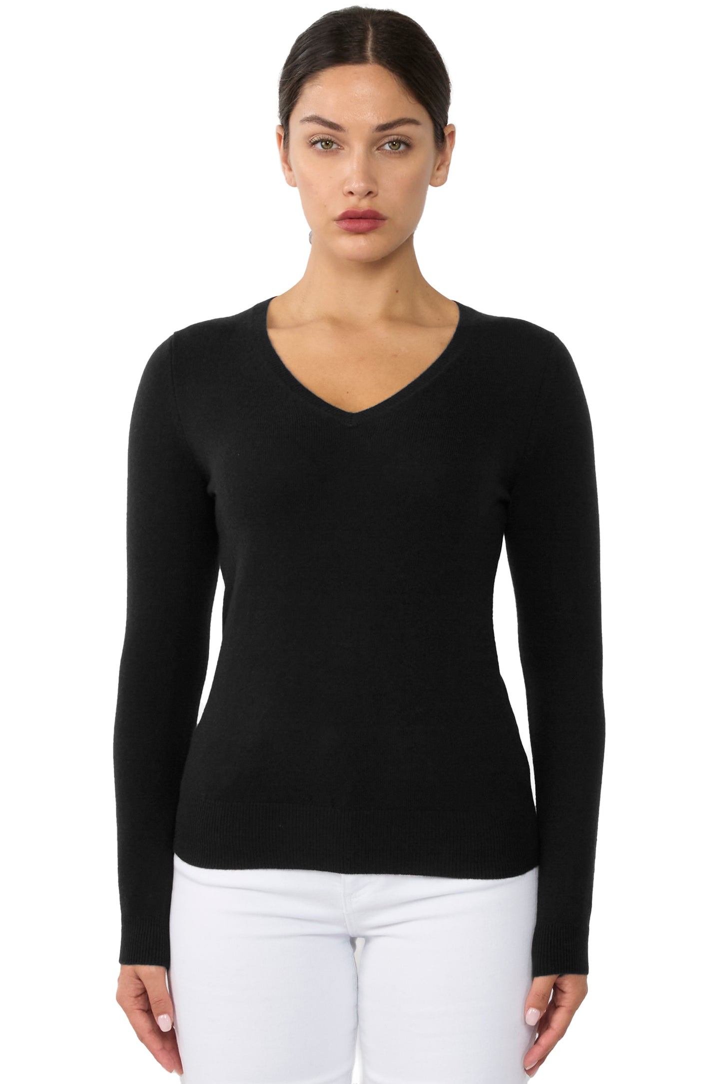 JENNIE LIU Women's 100% Pure Cashmere Long Sleeve Pullover V Neck Sweater
