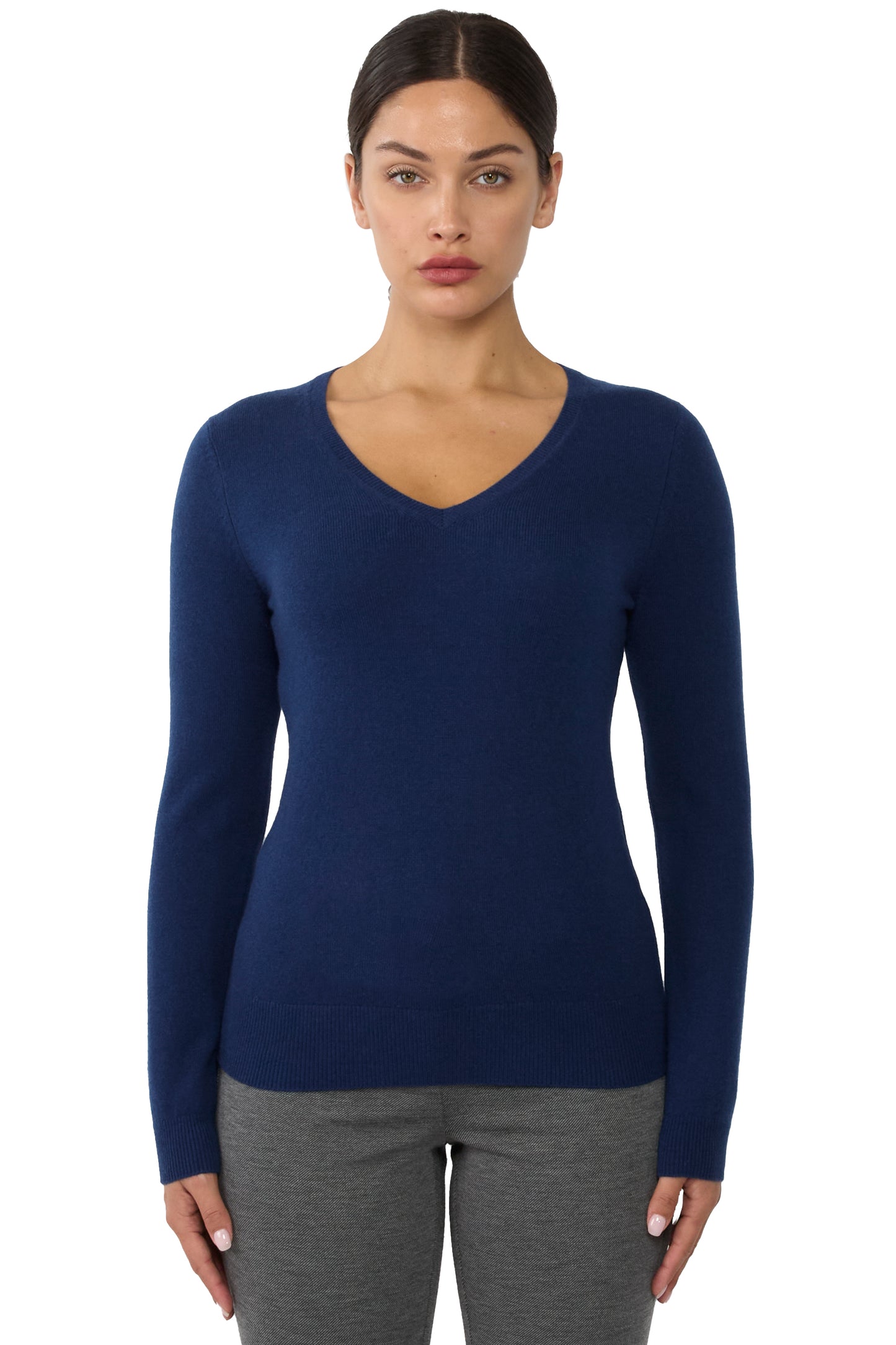 JENNIE LIU Women's 100% Pure Cashmere Long Sleeve Pullover V Neck Sweater