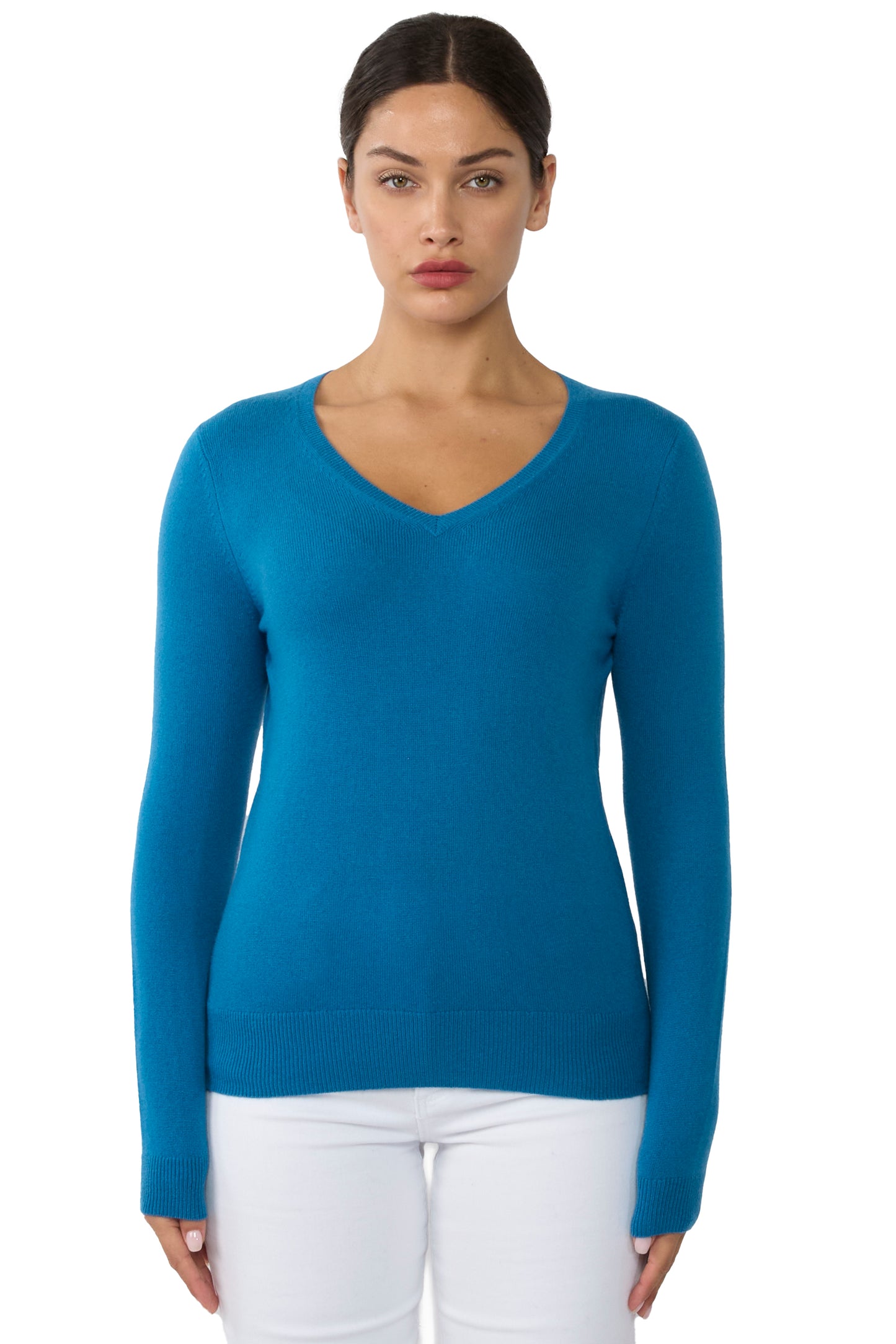 JENNIE LIU Women's 100% Pure Cashmere Long Sleeve Pullover V Neck Sweater