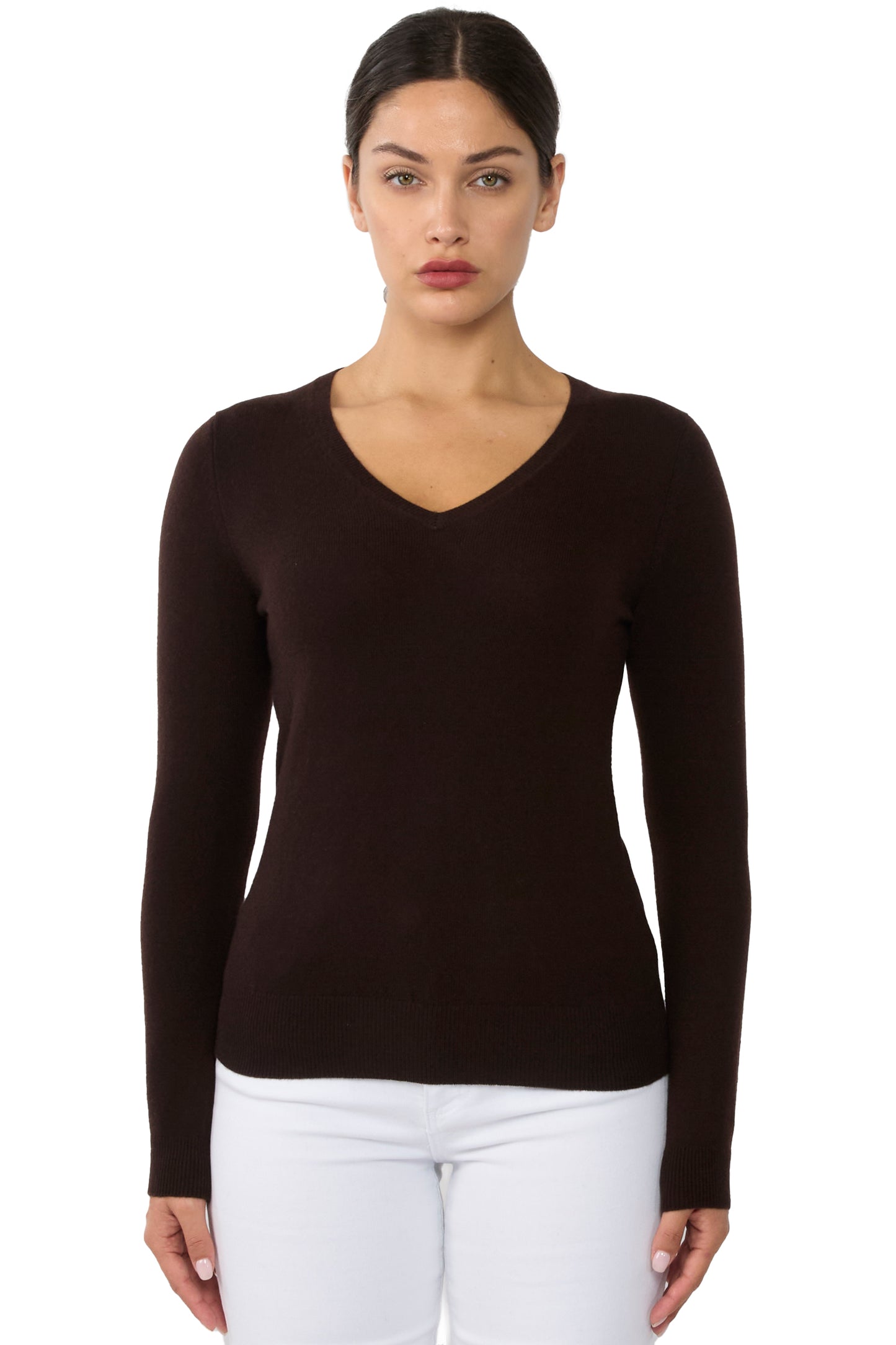 JENNIE LIU Women's 100% Pure Cashmere Long Sleeve Pullover V Neck Sweater