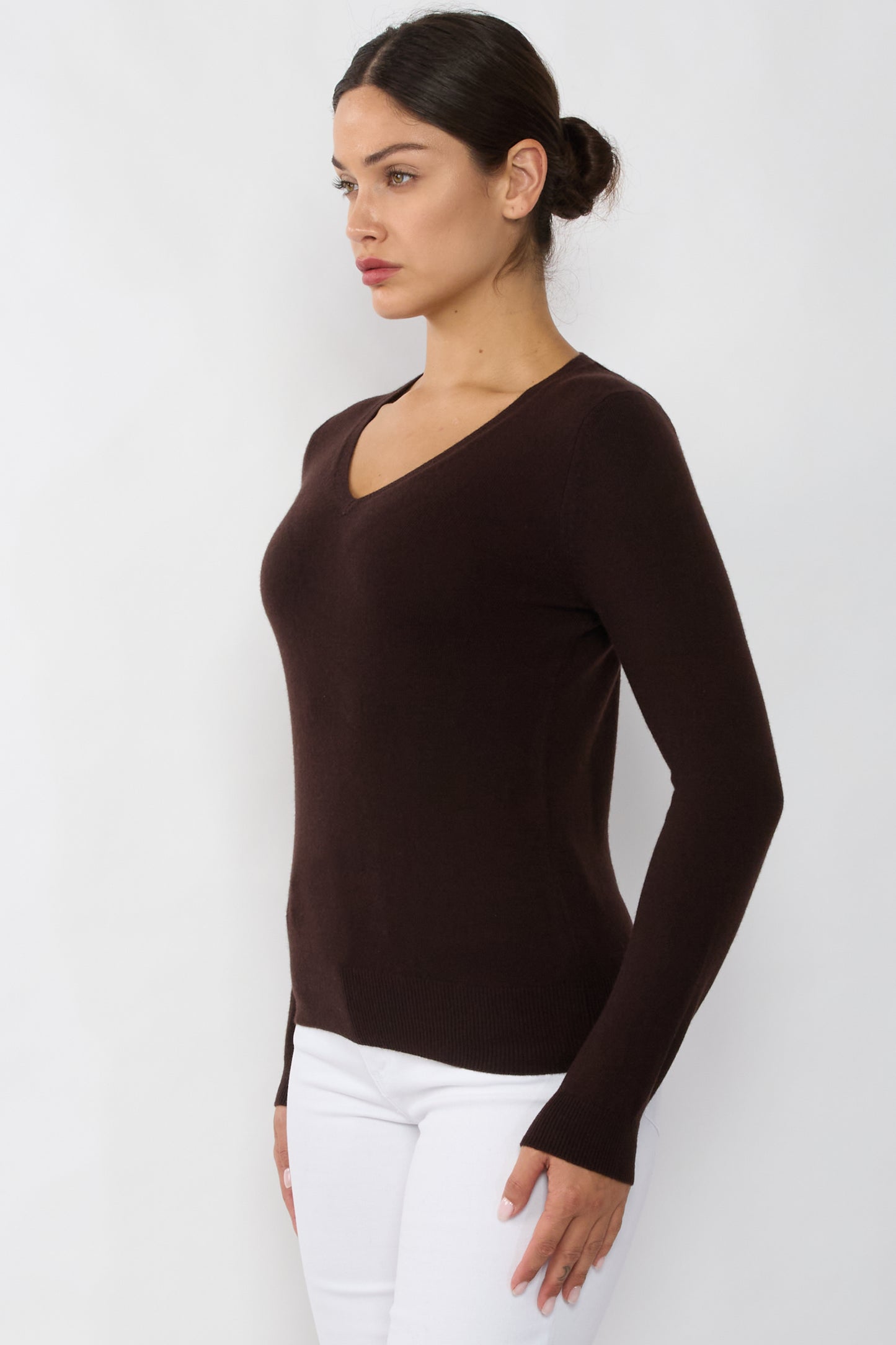 JENNIE LIU Women's 100% Pure Cashmere Long Sleeve Pullover V Neck Sweater
