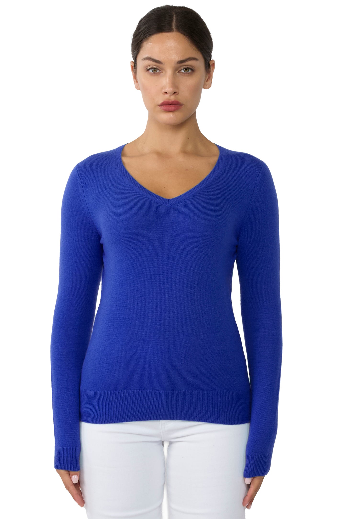 JENNIE LIU Women's 100% Pure Cashmere Long Sleeve Pullover V Neck Sweater