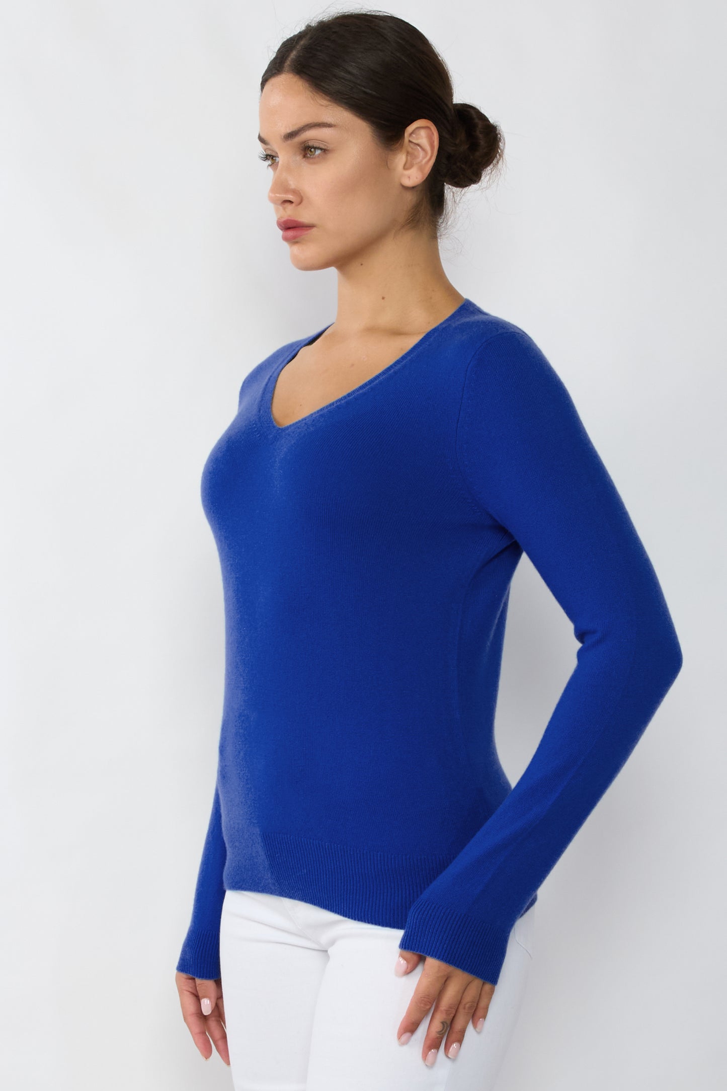 JENNIE LIU Women's 100% Pure Cashmere Long Sleeve Pullover V Neck Sweater