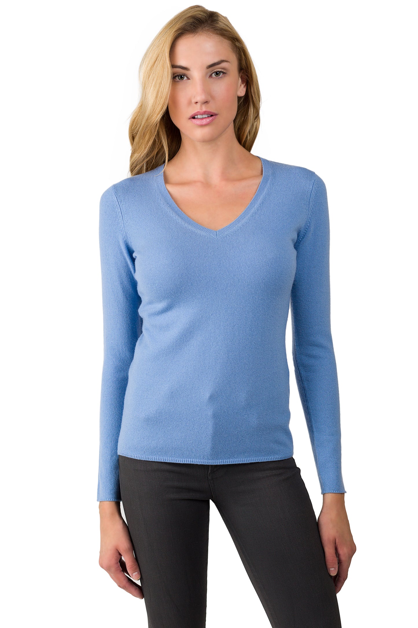 JENNIE LIU Women's 100% Pure Cashmere Long Sleeve Pullover V Neck Sweater