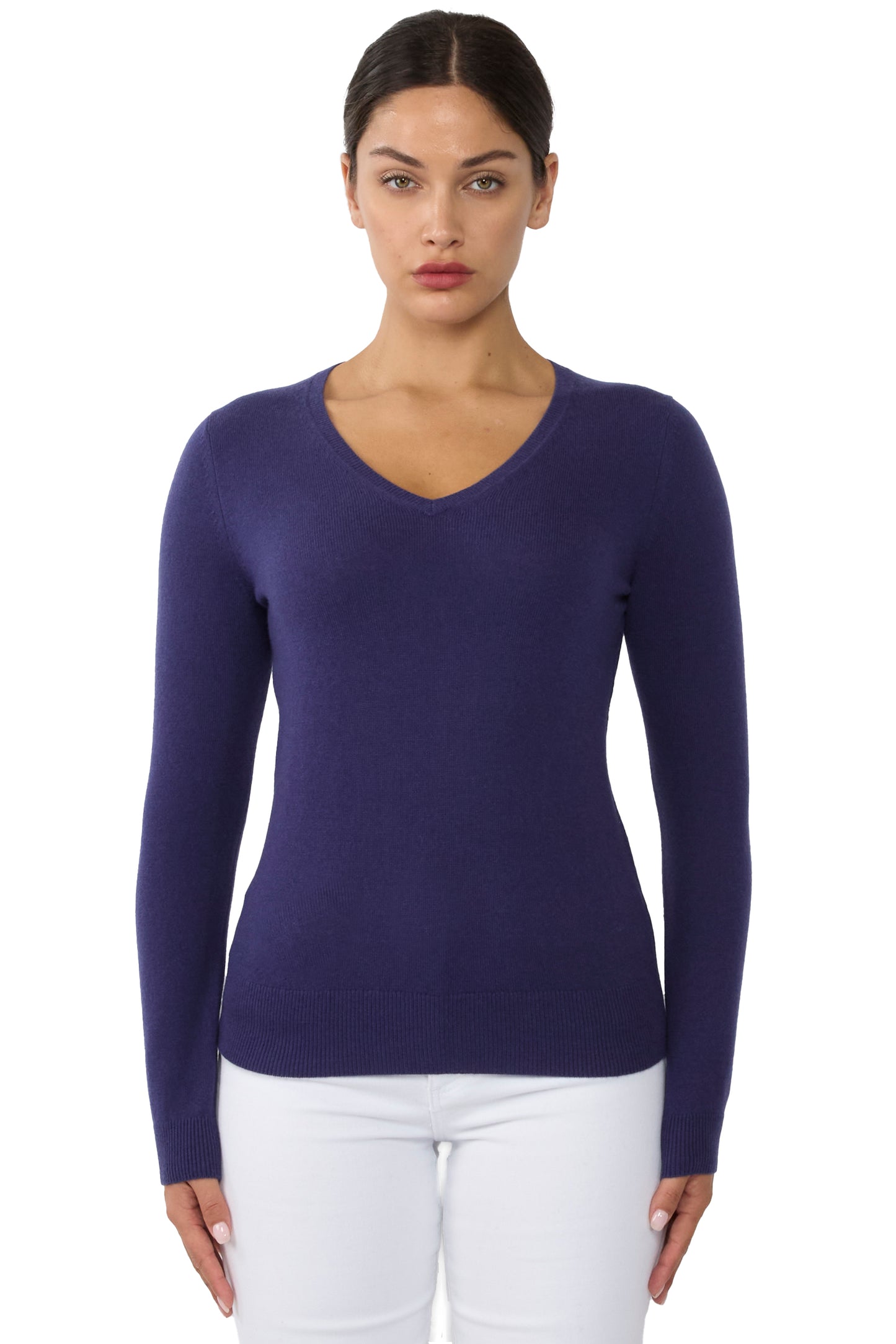 JENNIE LIU Women's 100% Pure Cashmere Long Sleeve Pullover V Neck Sweater