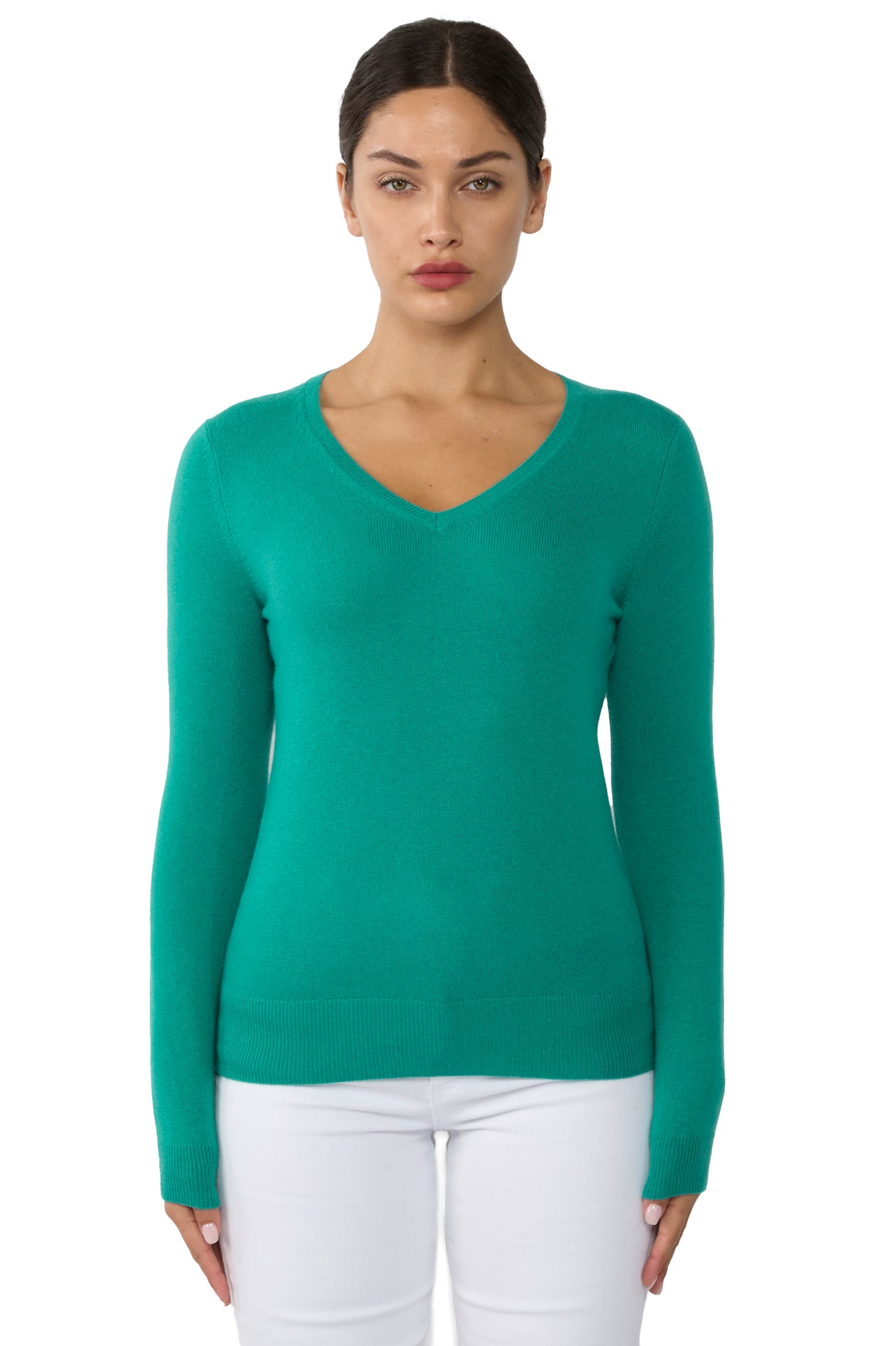 JENNIE LIU Women's 100% Pure Cashmere Long Sleeve Pullover V Neck Sweater