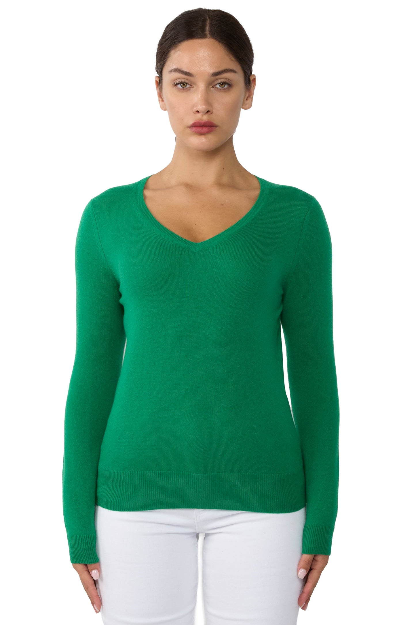 JENNIE LIU Women's 100% Pure Cashmere Long Sleeve Pullover V Neck Sweater