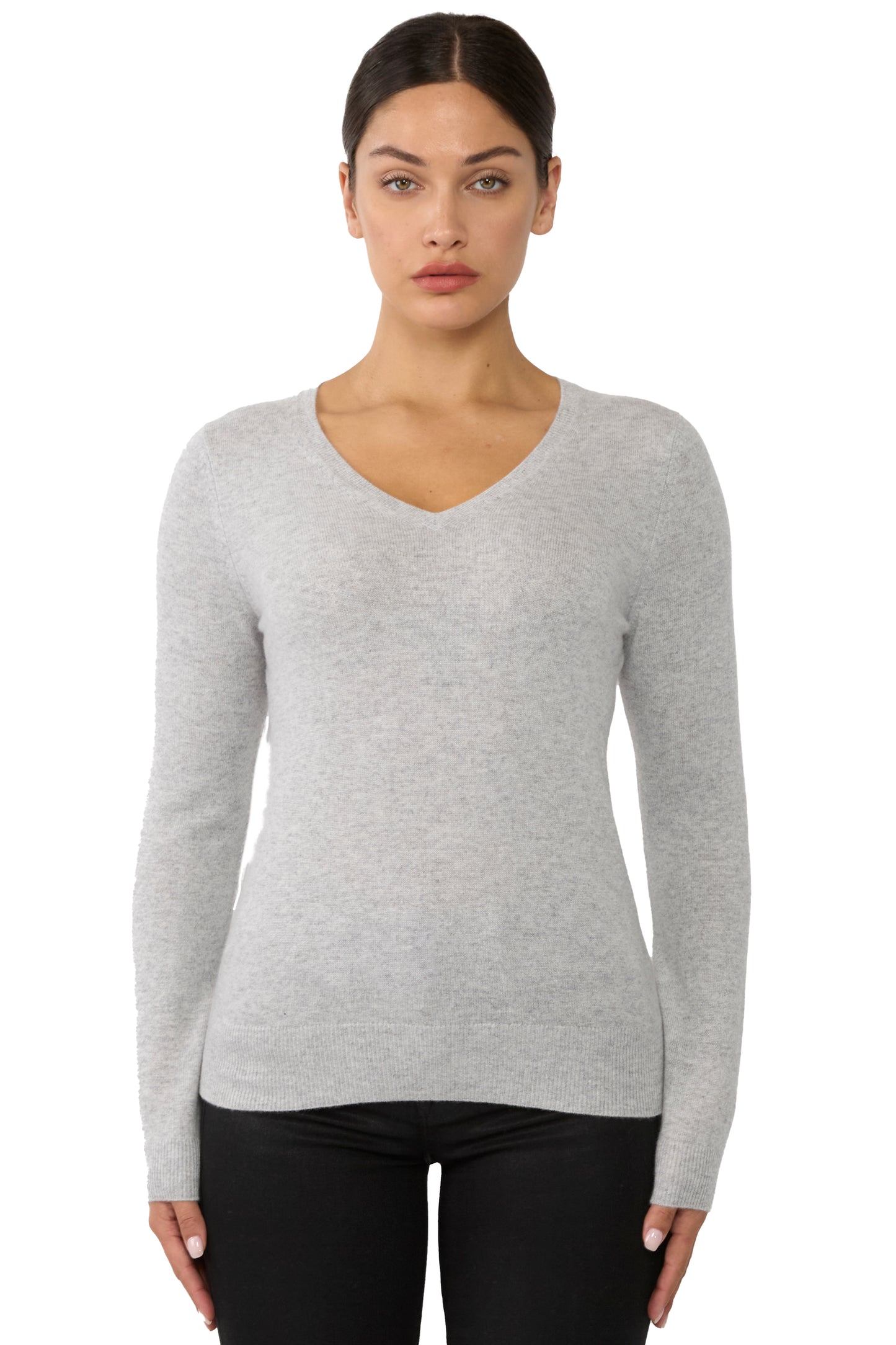 JENNIE LIU Women's 100% Pure Cashmere Long Sleeve Pullover V Neck Sweater