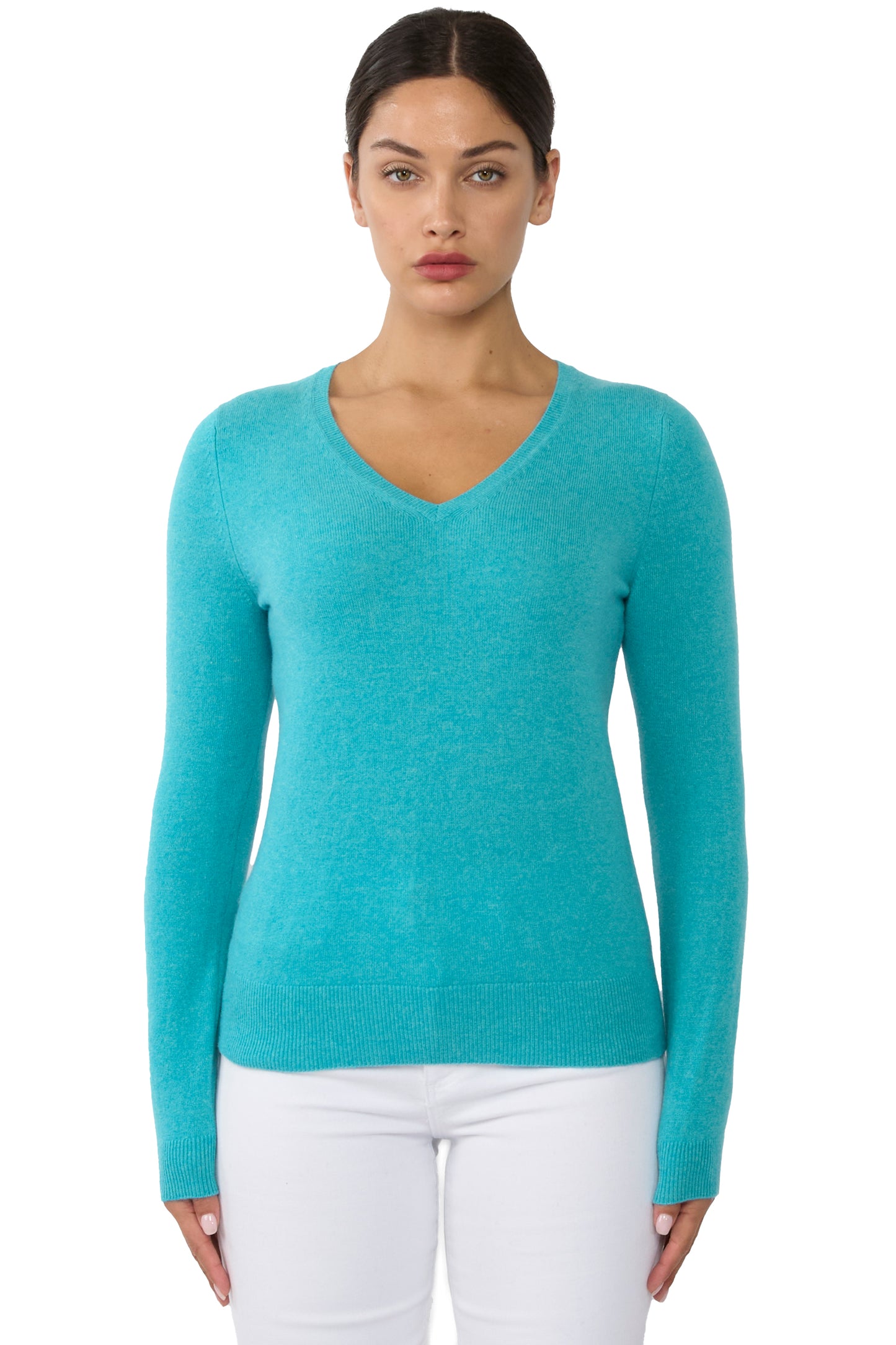 JENNIE LIU Women's 100% Pure Cashmere Long Sleeve Pullover V Neck Sweater