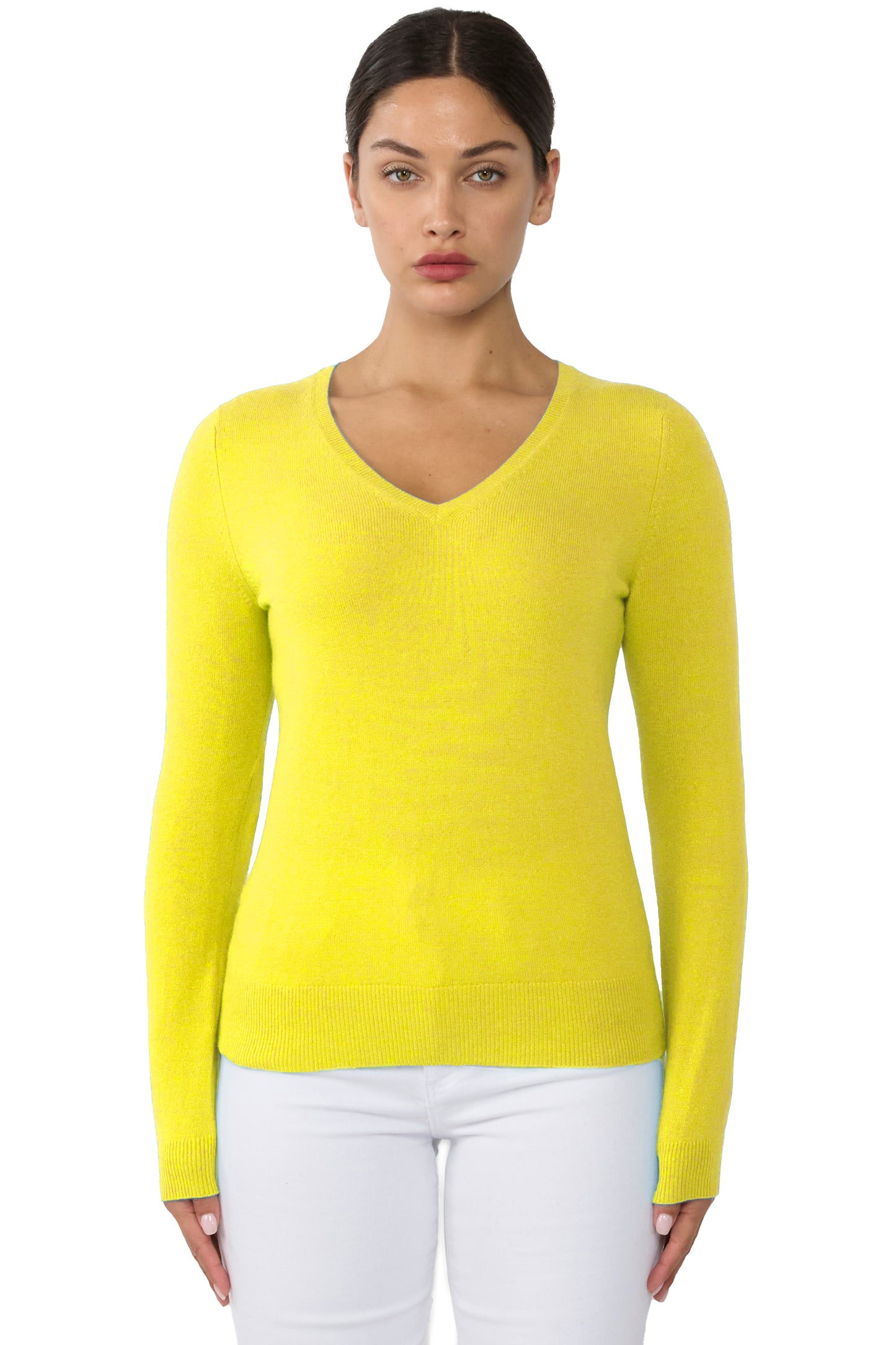 JENNIE LIU Women's 100% Pure Cashmere Long Sleeve Pullover V Neck Sweater