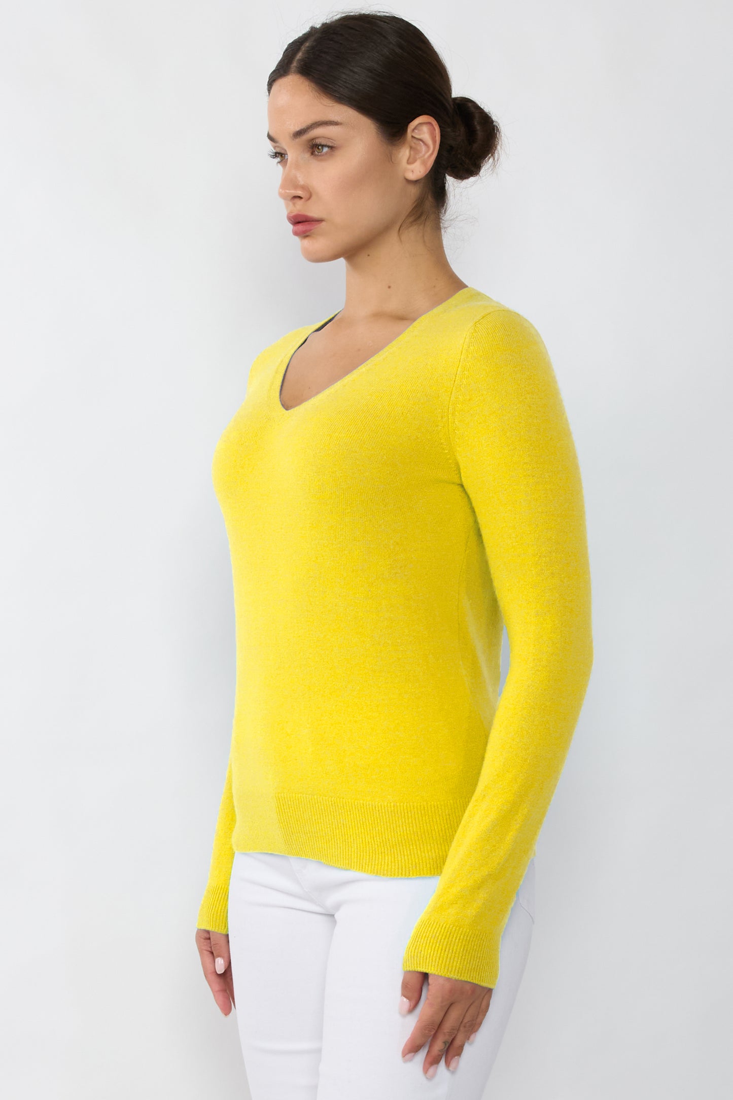 JENNIE LIU Women's 100% Pure Cashmere Long Sleeve Pullover V Neck Sweater