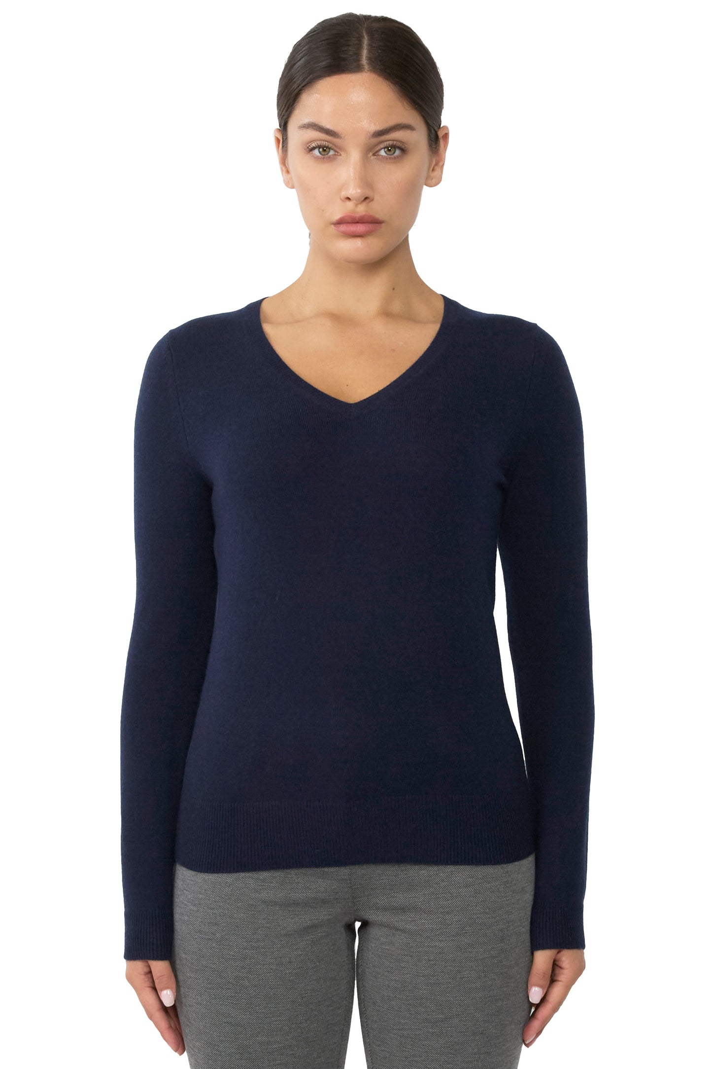 JENNIE LIU Women's 100% Pure Cashmere Long Sleeve Pullover V Neck Sweater